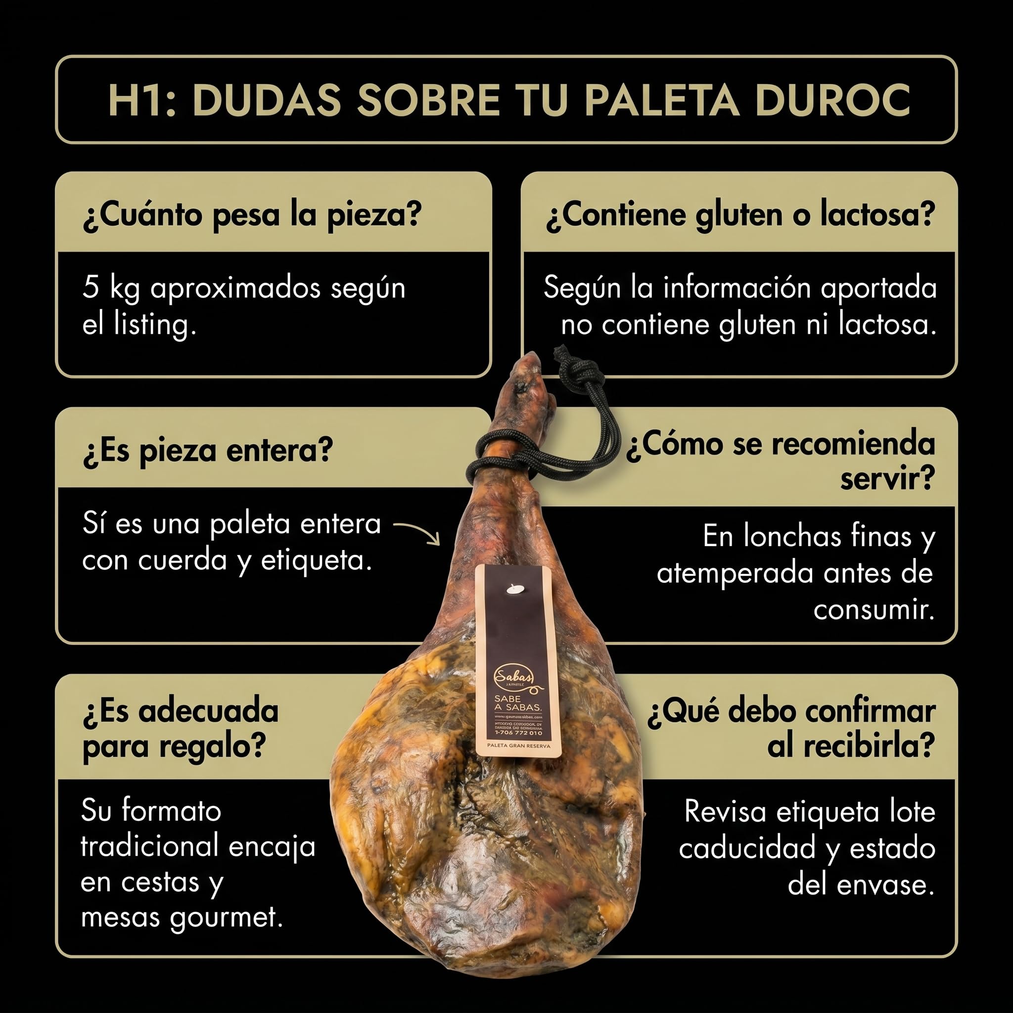Paleta Duroc 50% Gran Reserva Curada Pieza Entera 6 kg Paletilla Serrana | Peso 5,5 a 6 kilos, secaderos naturales y bodega, sin gluten, sin lactosa ni colorantes; para tapas, tablas y regalo gourmet