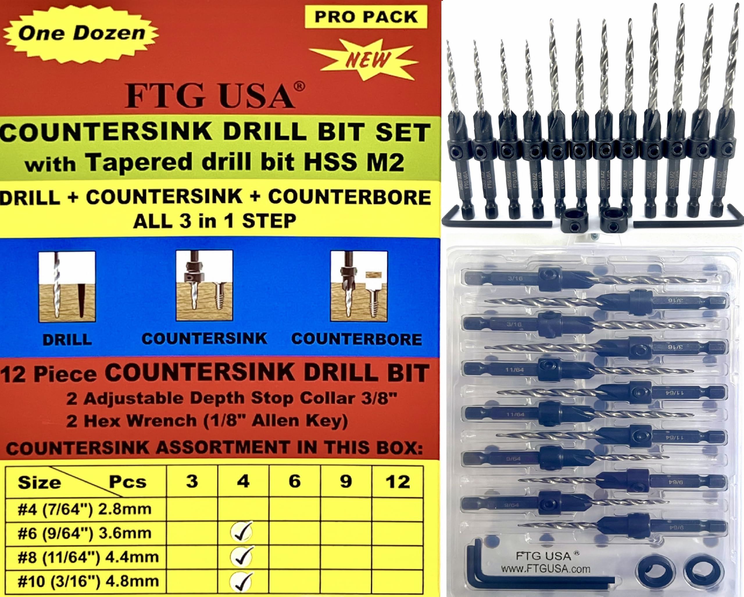 FTG USA Countersink Drill Bit Set 4 Pc #6(9/64"), 4 Pc #8(11/64"), 4Pc #10(3/16") with Tapered Drill Bits for Woodwork with Storage Container