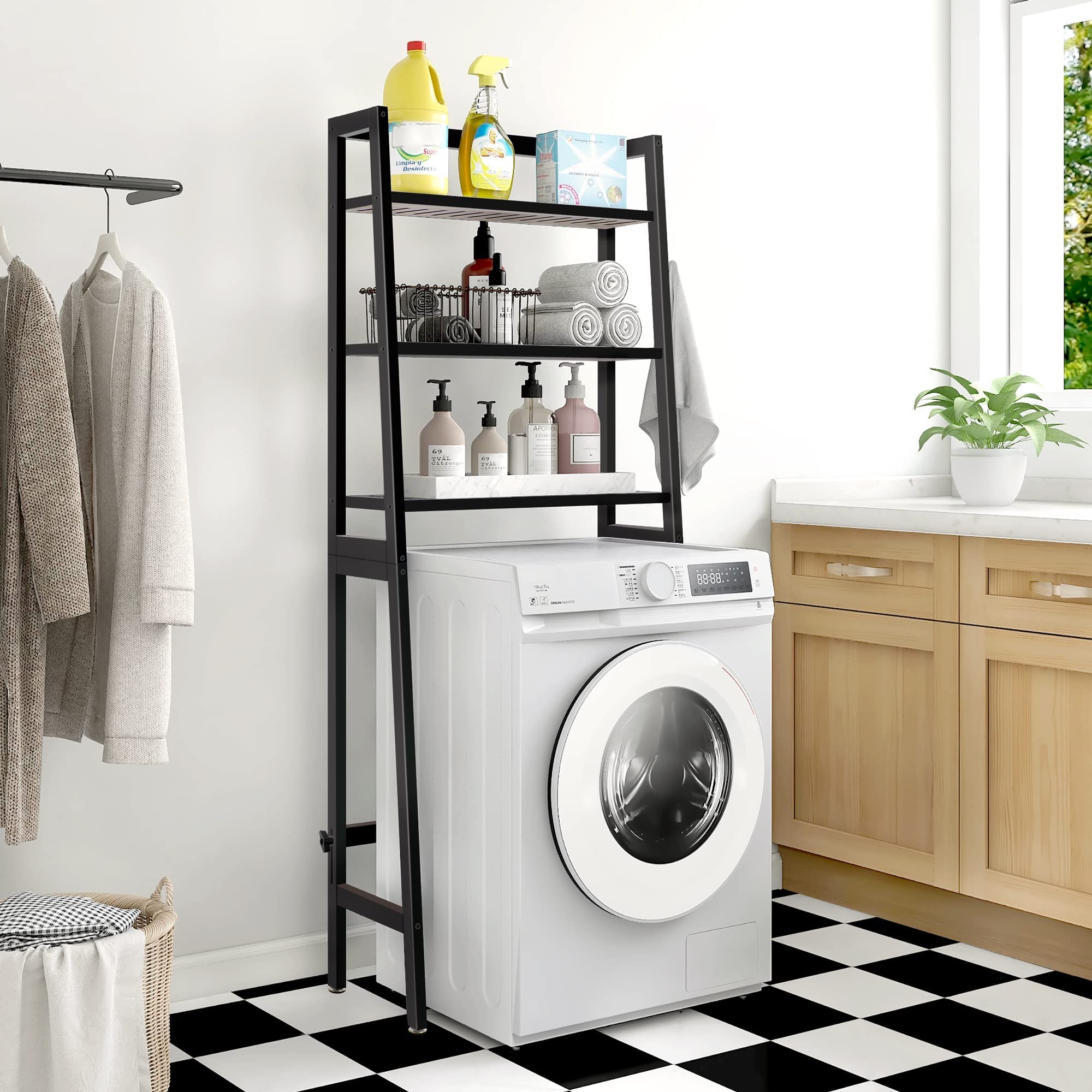 MallKing Mensola portaoggetti per bagno, 3 Livelli Sopra Scaffale per lavatrice, organizzatore di spazio per il bagno, autoportante sopra la toilette con porta carta igienica e ganci (Nero)
