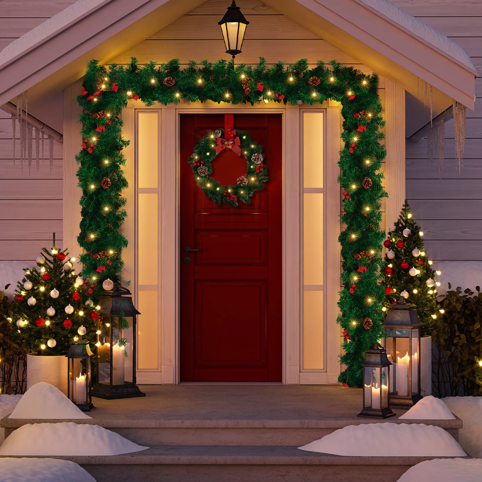 Pre Lit Artificial LED Christmas Garland and LED Pre Lit Artificial Christmas Wreath Set with Red Bows Lighted Christmas Door Wreath for Front Door Window Porch Fireplace Light Holiday Decor