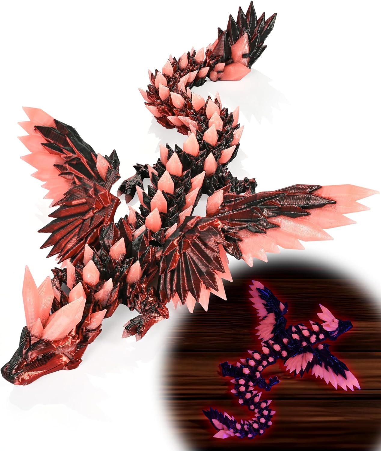 GemmiCho 3D Printed Dragon with Wings Glow in The Dark, 11" 3D Dragon Toys for Kids, 3D Dragon for Stress Relief, 3D Printed Animals Figurines Fidget Dragon Toys for Boys Kids Teen 5-7 4-6 8-12