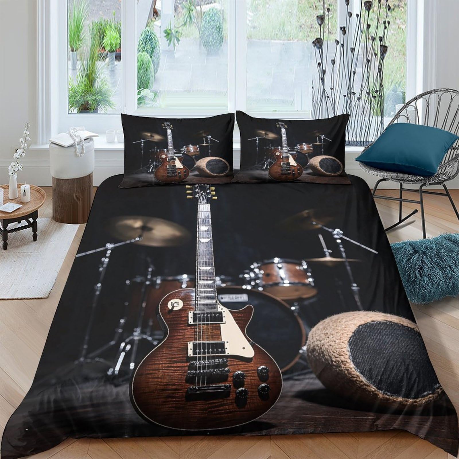 GPLZQXKJNH 3D Printed Guitar Drum Duvet Cover Set Microfiber Soft Breathable Black Music Bedding with 2 Pillowcases for Bedroom Single（135x200cm）