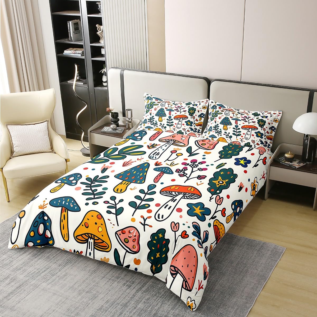Homewish Grzyb 100% bawełna zestaw pościeli pojedynczy rozmiar stick figurka poszewka na kołdrę dla dzieci chłopców dziewcząt kwiatowy kolorowy botaniczny żółty niebieski poszewka na kołdrę miękka