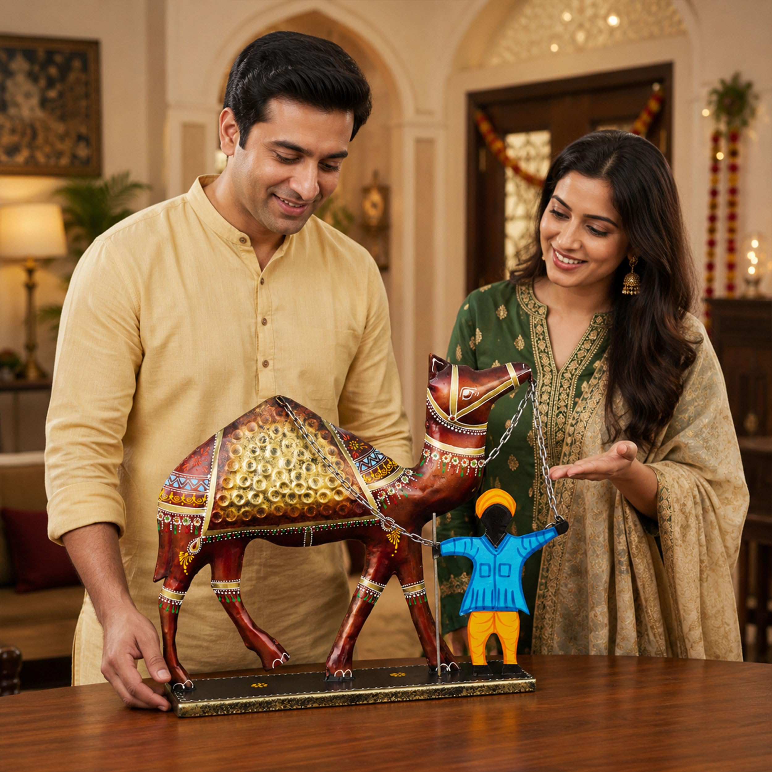 Rajasthani Camel Showpiece with Handler for Home Decor | Large 20 Inch Iron Metal Desert Art Statue for Living Room Office Hotel Restaurant Reception Desk Ethnic Gift — photo — 4 of 8