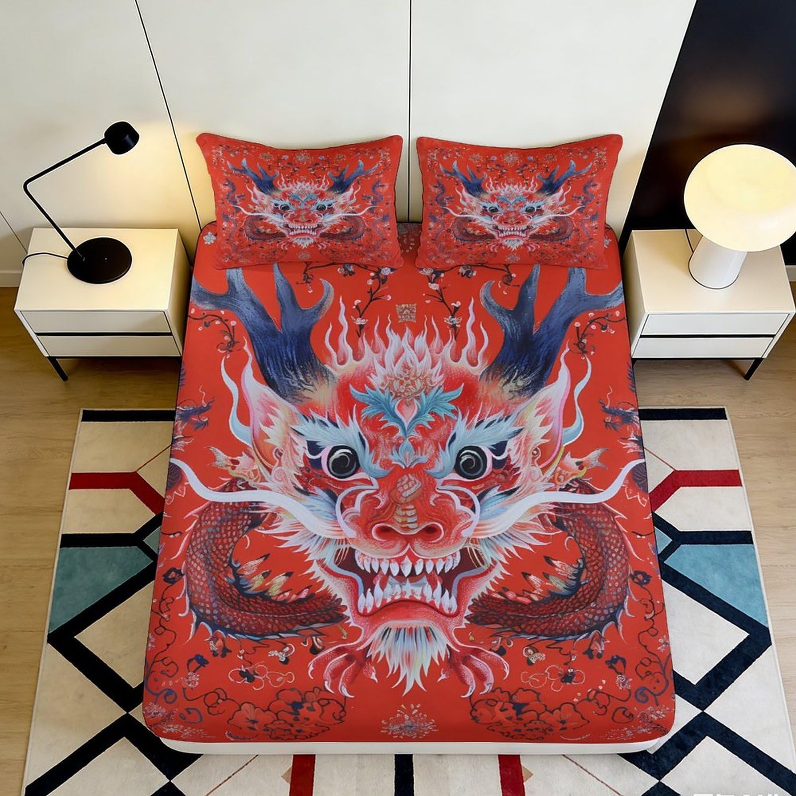 Pnayamiorkfel Style-3 3D Printed Red Dragon Fitted Sheet Microfiber Non-Slip Bed Cover Chinese Fire Art For Bedroom Guest Room Decor 90X200x25cm