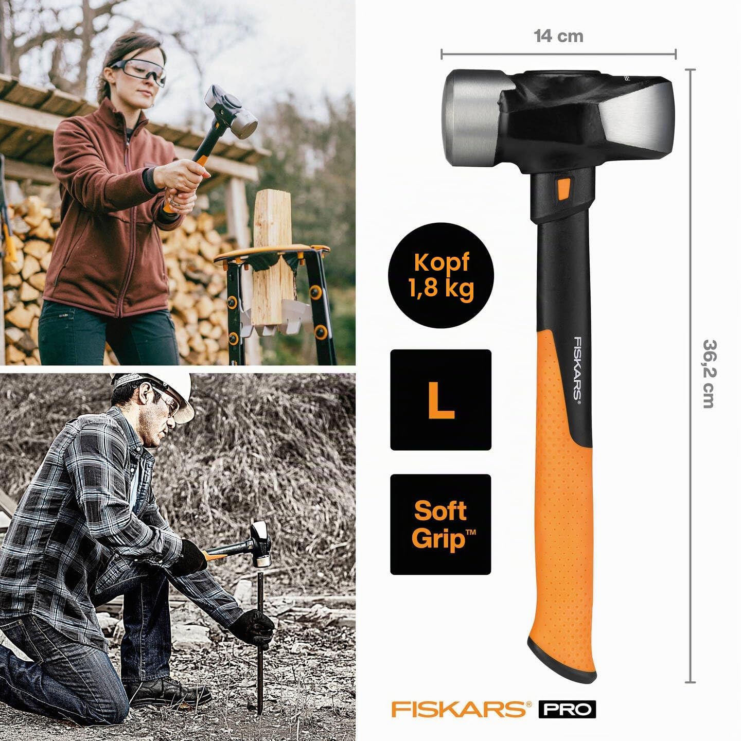 Fiskars Fäustel IsoCore L für den Einsatz bei Präzisionsabbrucharbeiten, Länge: 36 cm, Gewicht: 2,18 kg, Schwarz/Orange, 1020218