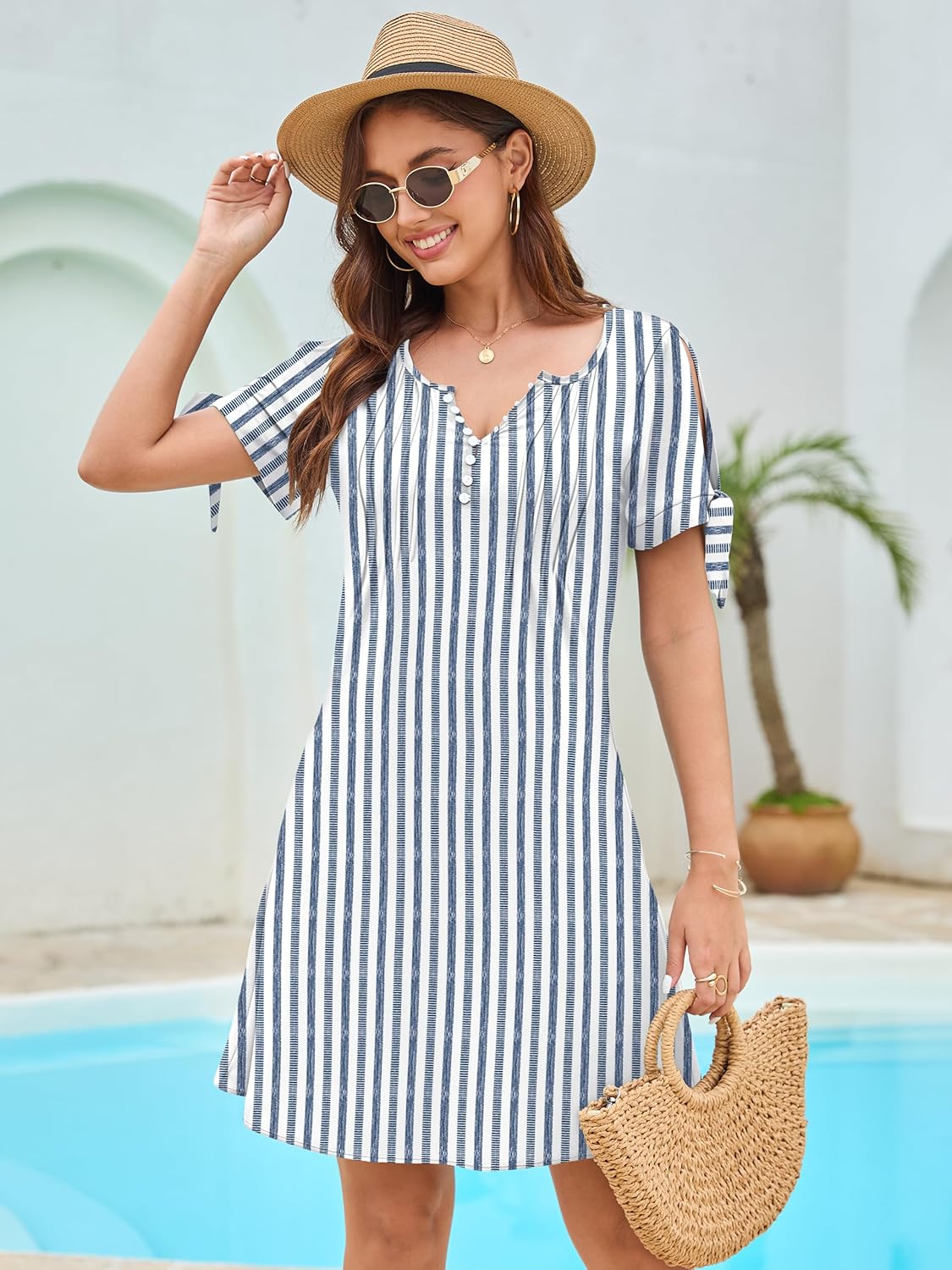 ETCYY Beach Dresses for Women 2026 Vacation Swim Suits Cover ups Short Sleeve Summer Dress V Neck Button Down Boho Sun Dress - Image 4