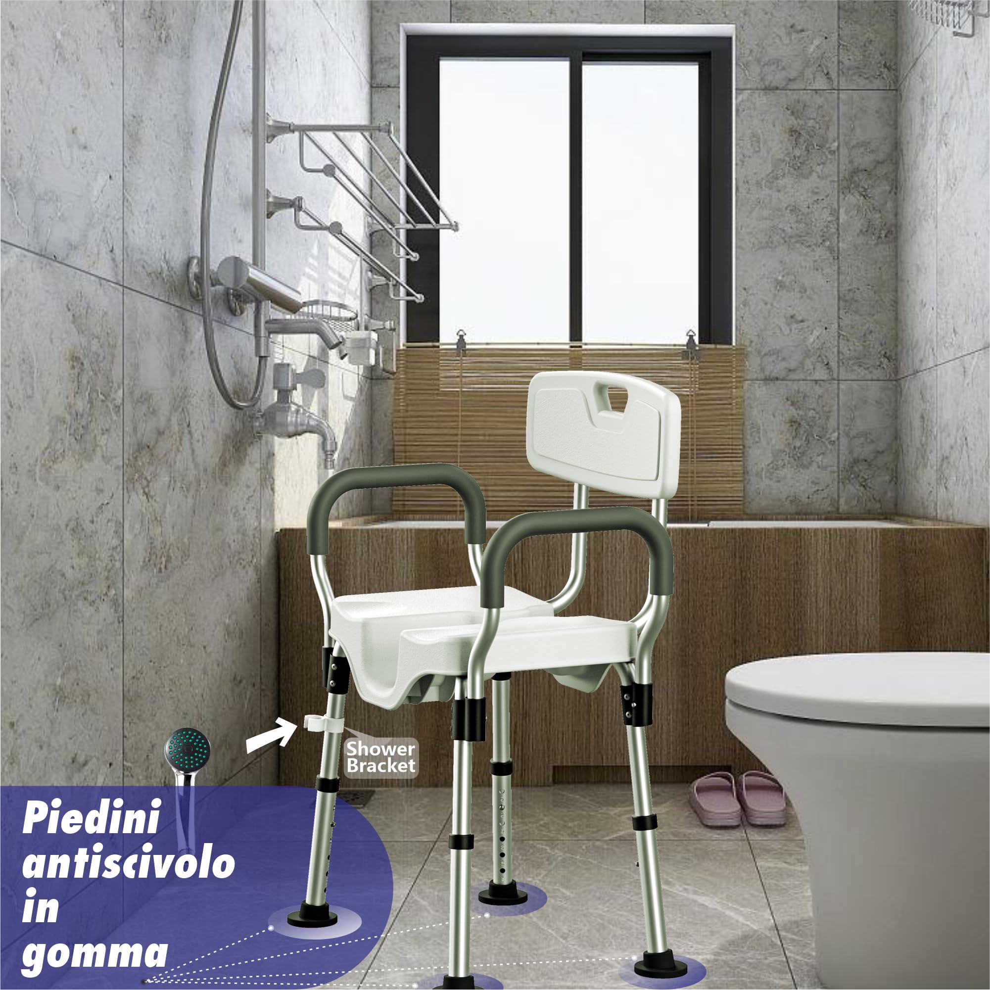 Sedia da Doccia LITTNEO Regolabile con Schienale/Braccioli Sedile da Doccia Resistente, Sagomato, Sedile Antiscivolo a Forma di U per Anziani, Disabili, Donne Incinte