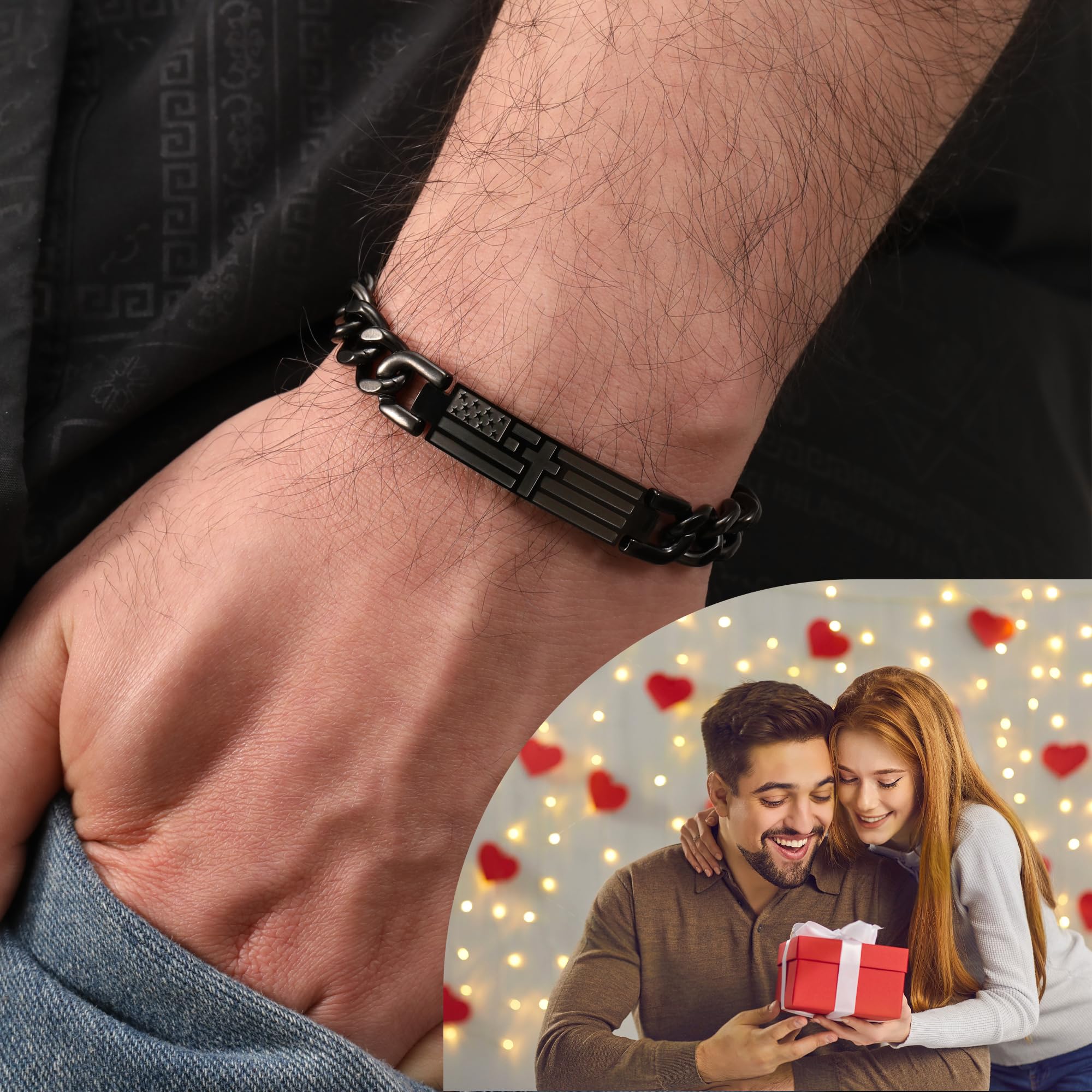 Gifts for Dad Husband Son Religious Christian Gifts Cross Bracelet for Men Teen Boys Adjustable Stainless Steel Bracelets for Men with American Flag Boyfriends Brother Grandson Baptism Birthday Gift