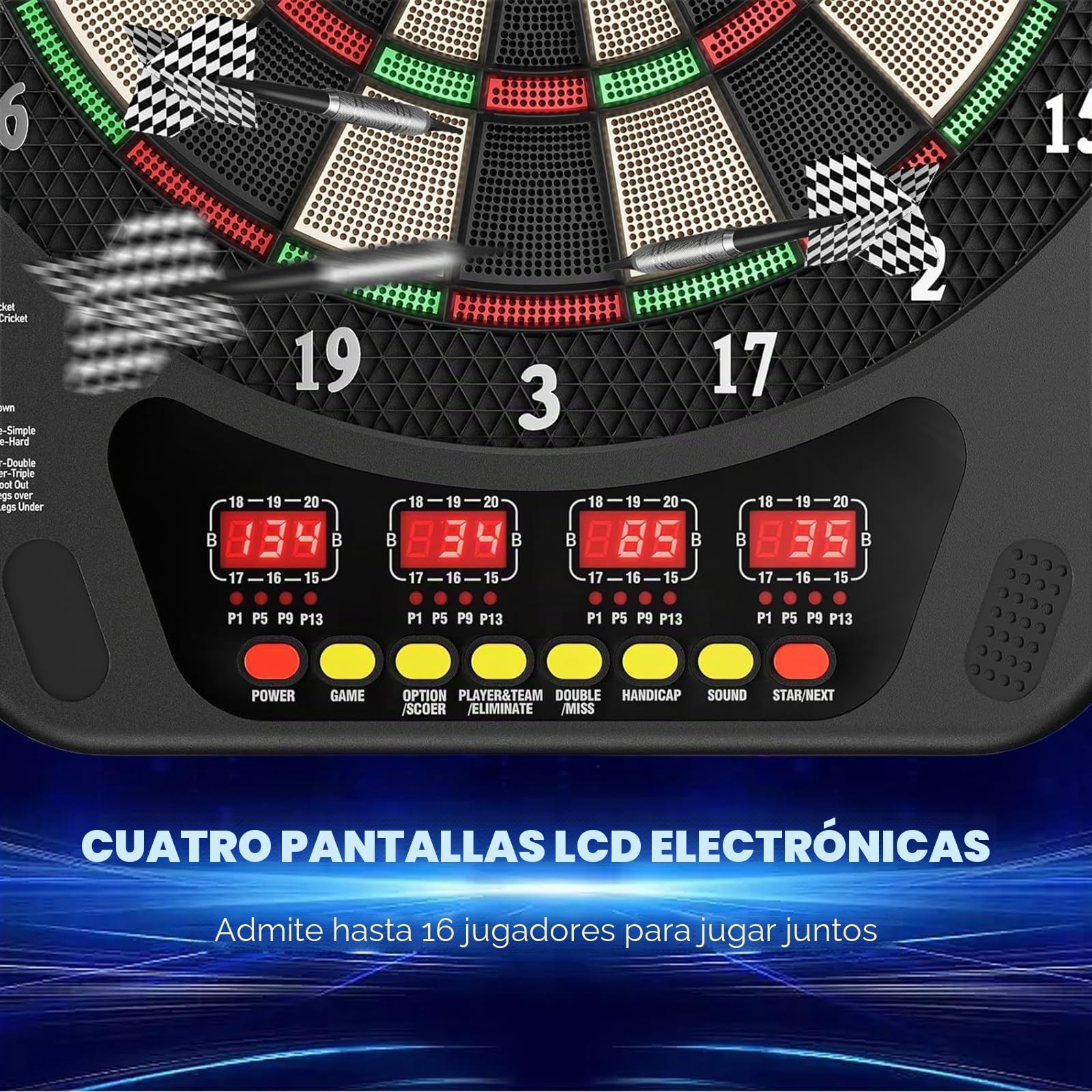 Diana Electrónica de Dardos con Punta de Plástico, 2 Modos de Alimentación, 27 Juegos y Puntuación Automática, Set Completo con 8 Dardos y Repuestos para Hogar, Oficina y Reuniones