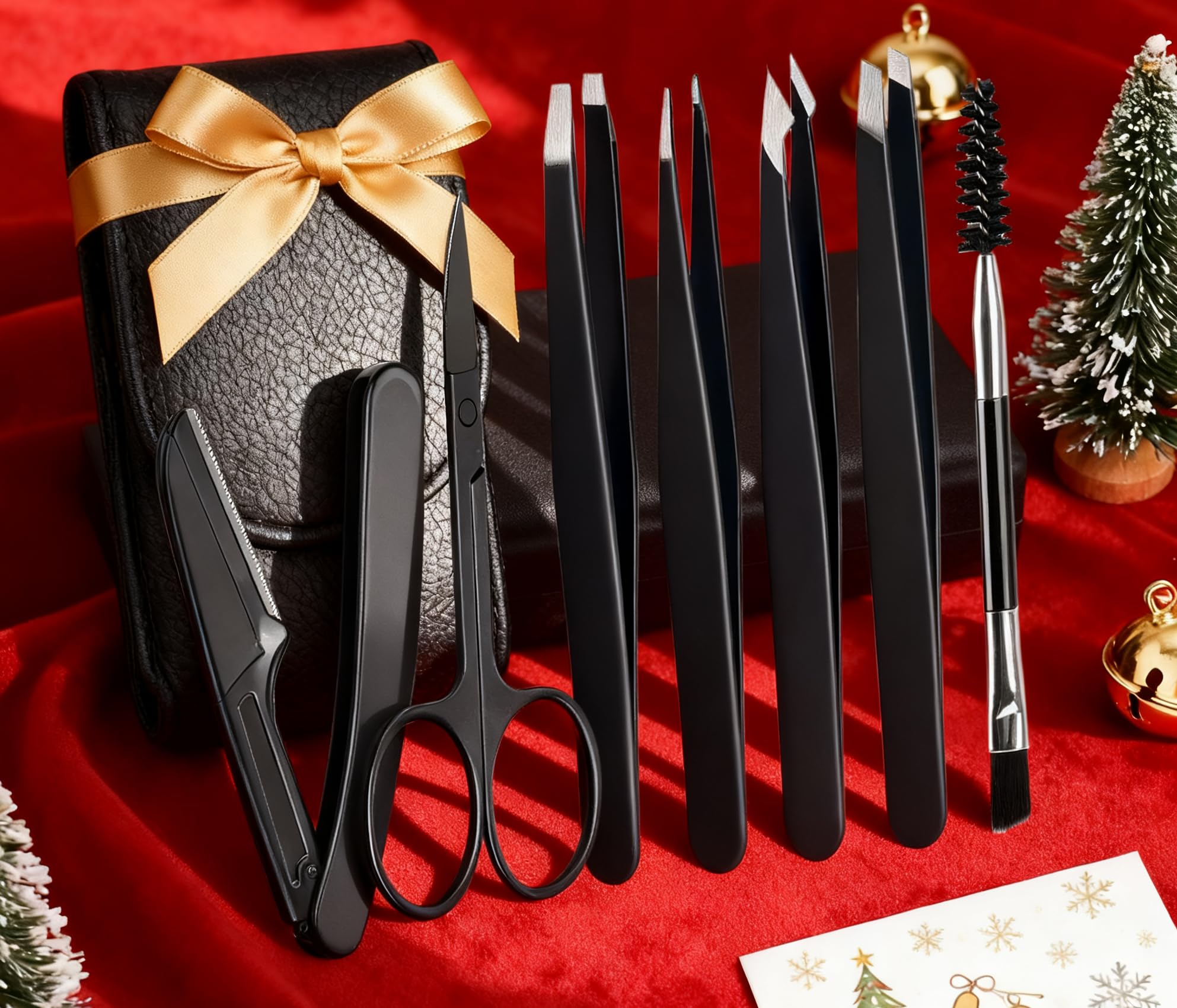 7-Piece Professional Tweezers Set Stainless Steel Precision Tweezers for Eyebrows Ingrown Hair with Eyebrow Razor Scissor Travel Bag