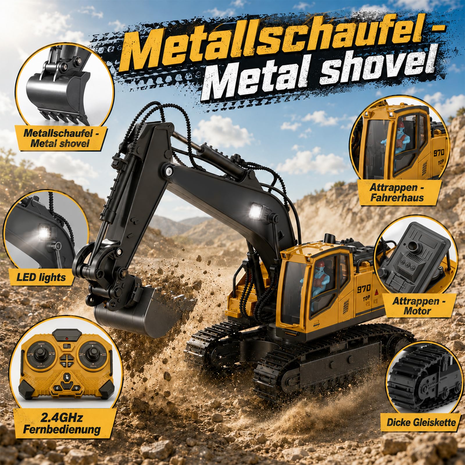 3 In 1 Ferngesteuerter Bagger Mit Metall-Aufsätzen,Für Kinder Ab 6 Ahren | 2,4Ghz Ferngesteuerter,2 X Batterien,680° Drehbarer,Licht Und Sound,Rc Bagger Spielzeug Für Sandkasten & Outdoor