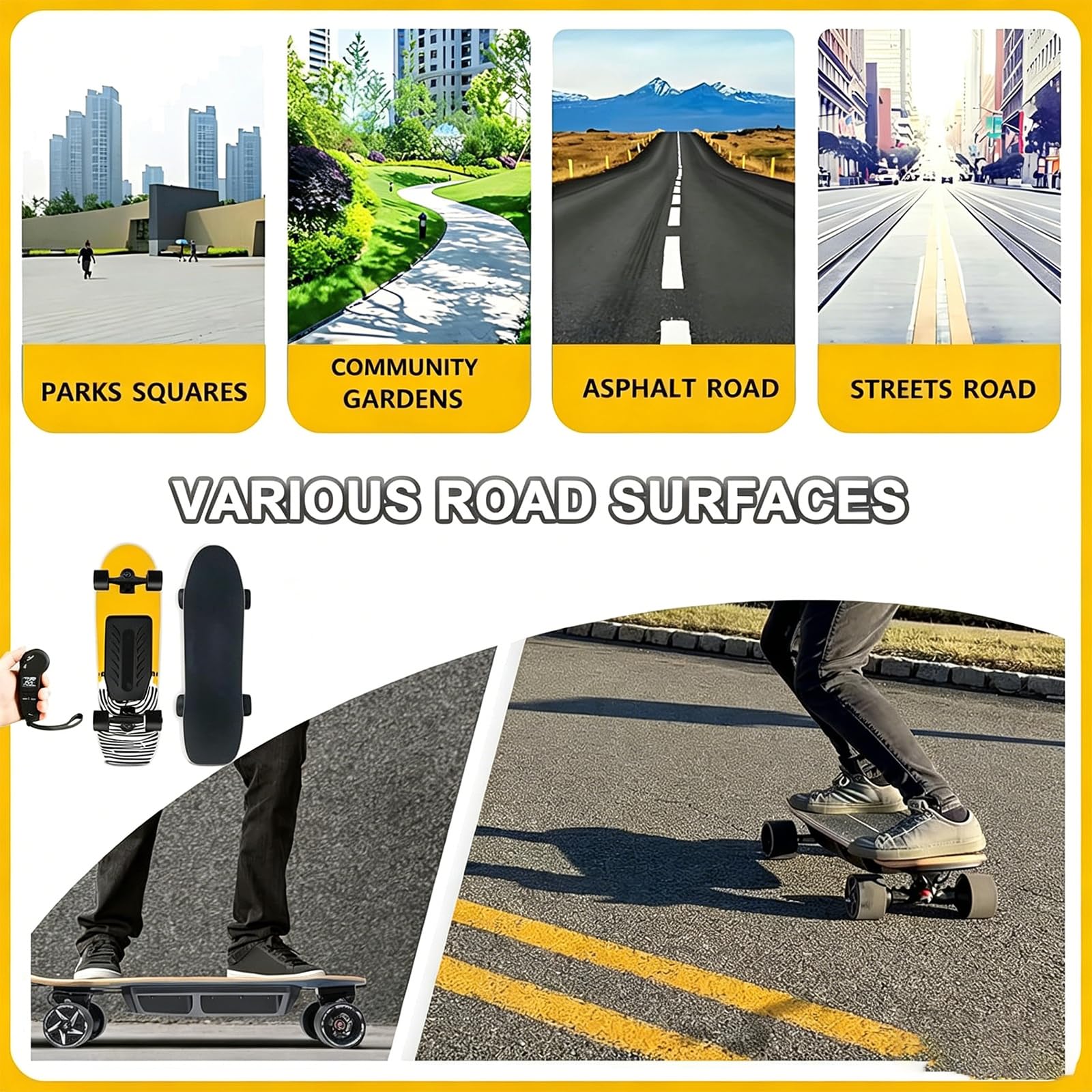 Skateboard Elettrico Con Telecomando, Cruiser Board Elettrico Brushless, Longboard Elettrico Da 400 W, Velocità Massima 42 Km/h E Autonomia Di 26 Km, Carico Massimo 150 Kg, Carta Vetrata Di