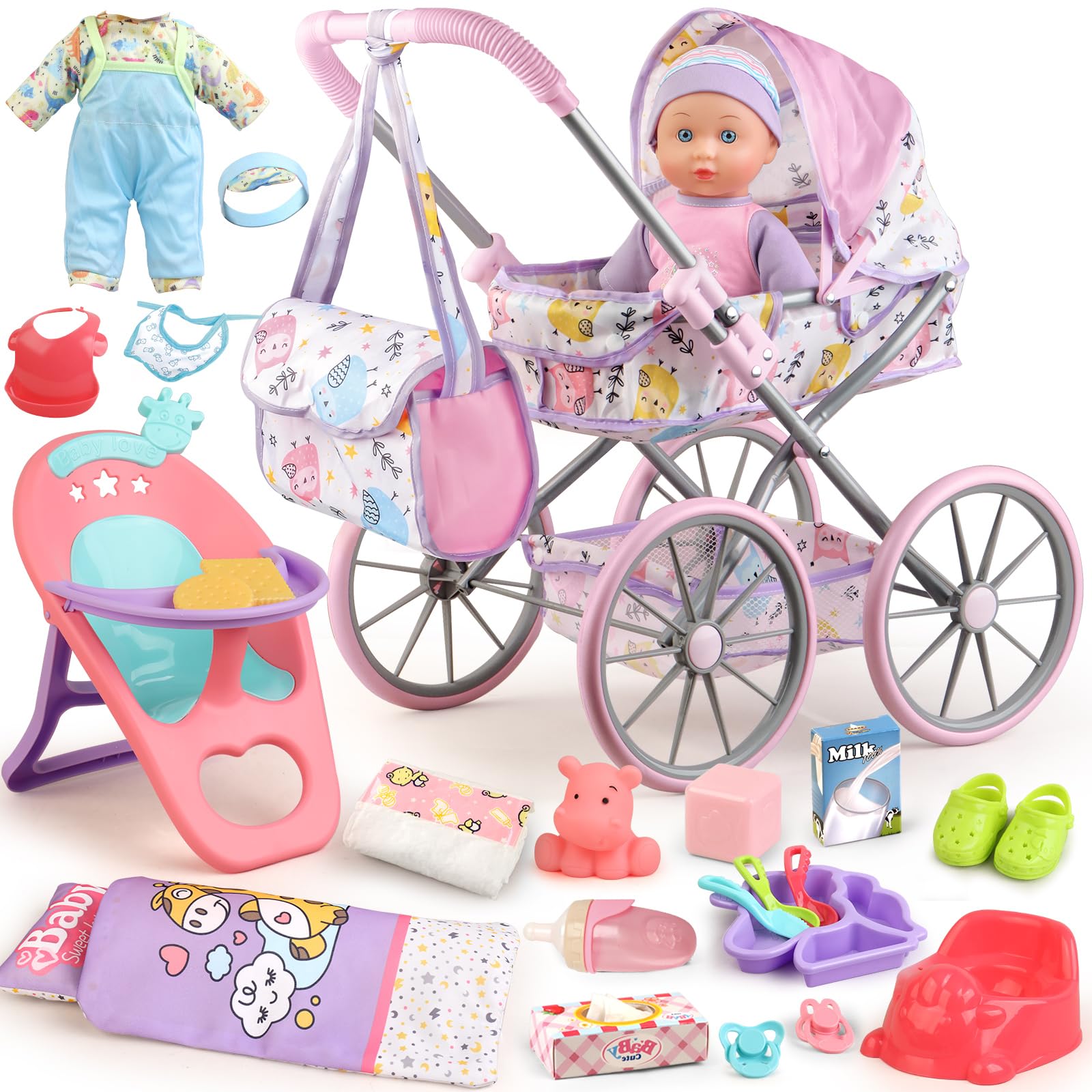 Baby Doll Stroller Playset for Girls Toddlers with 12.5 Inch Baby Doll, Dining Chair, Quilt Pillow