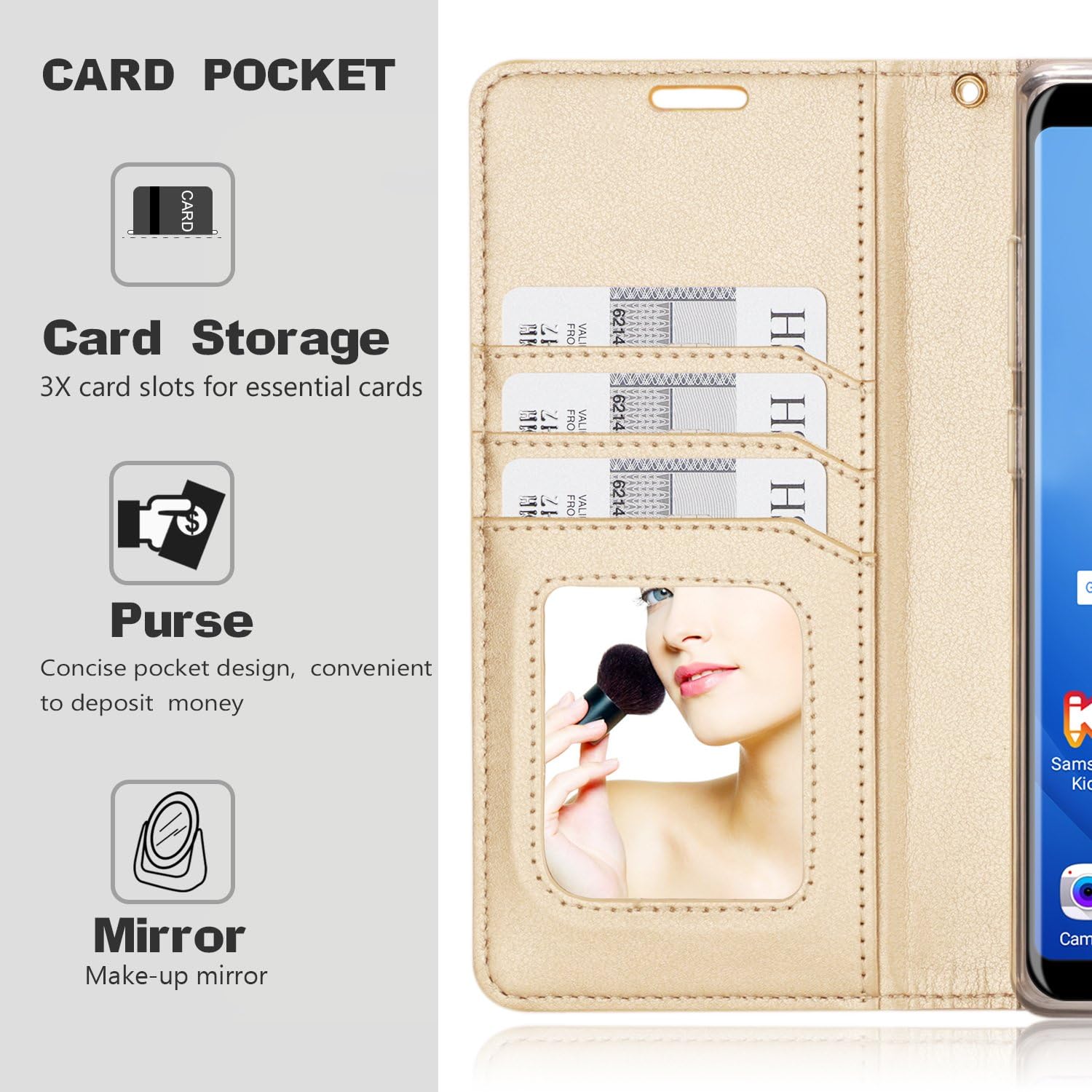 FYY Leather Case with Mirror for iPhone Xs (5.8") 2018/iPhone X/10 2017, Leather Wallet Flip Folio Case with Mirror and Wrist Strap for iPhone Xs (5.8")/iPhone X/10 Gold