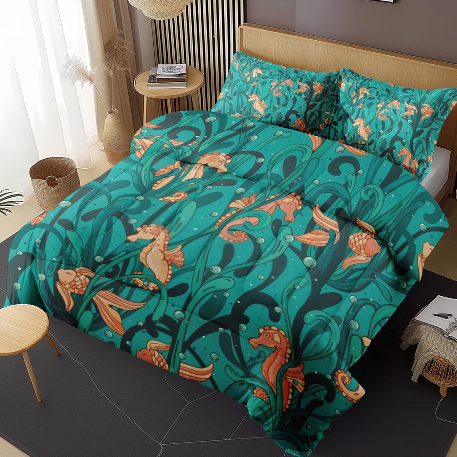 Fish Seahorse Spring Bedding Set for Boys Girls Bedroom Decor, Cute Kawaii Underwater Comforter Set, Kids Adult Toddler Bedroom Quilted Duvet and 2 Pillow Shams (Queen)