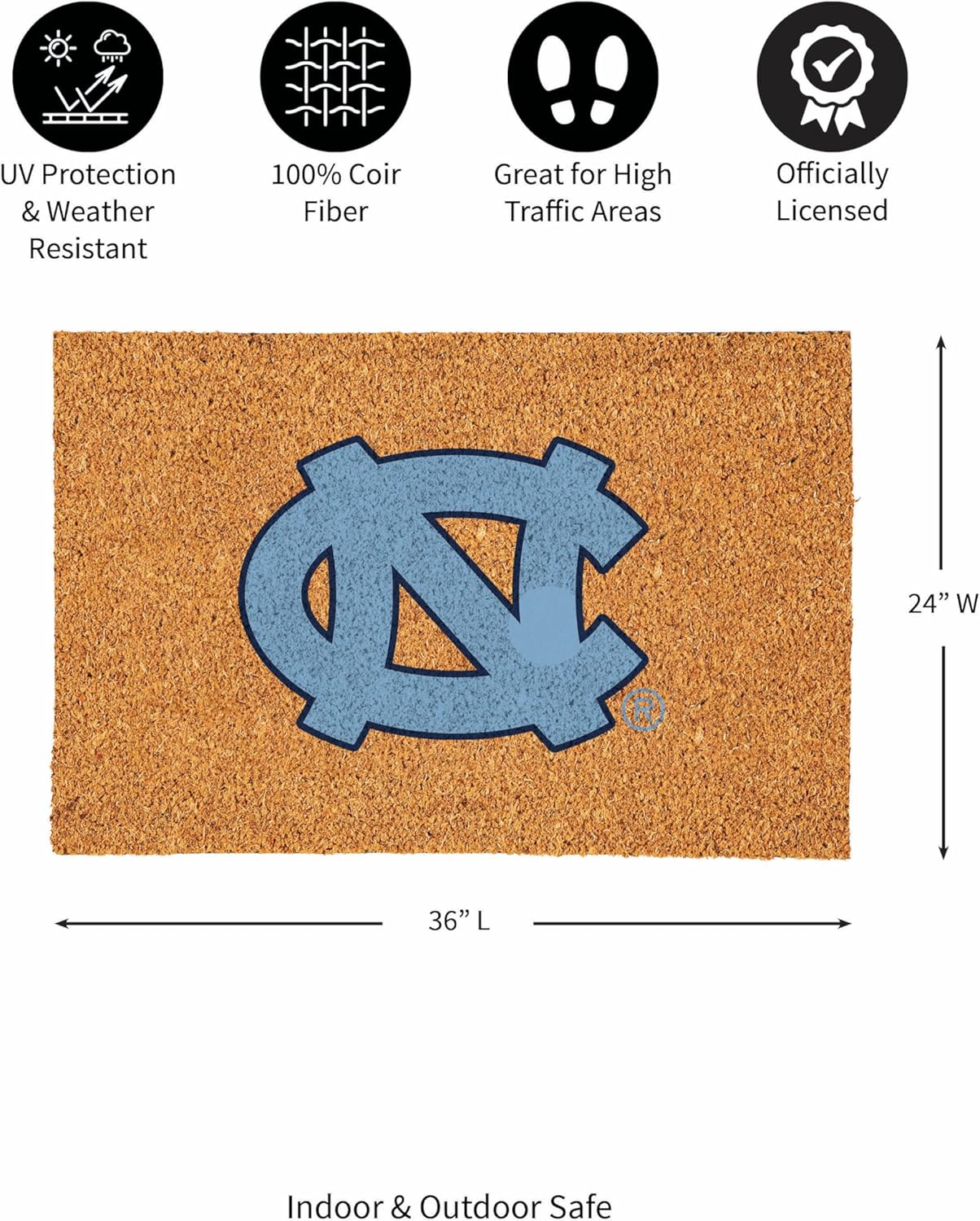 Team Sports America NCAA University of North Carolina Coir Doormat 36"x24", Official Full Color Team Logo, Extra Large Front Door Mat, Outdoor Indoor Entrance Rug, Non-Slip Welcome Mat for Porch Patio