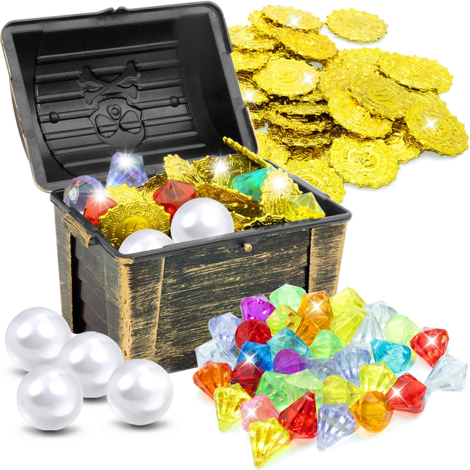 75 Pièces Jouets de Plongée avec Gemme Plongée, Pièces d'or Pirate, Coffre au Trésor, Perle, Trésor de Pirate, Jouet de Natation pour Piscine, Jouet sous Eau pour Enfants Entrainement de Plongée