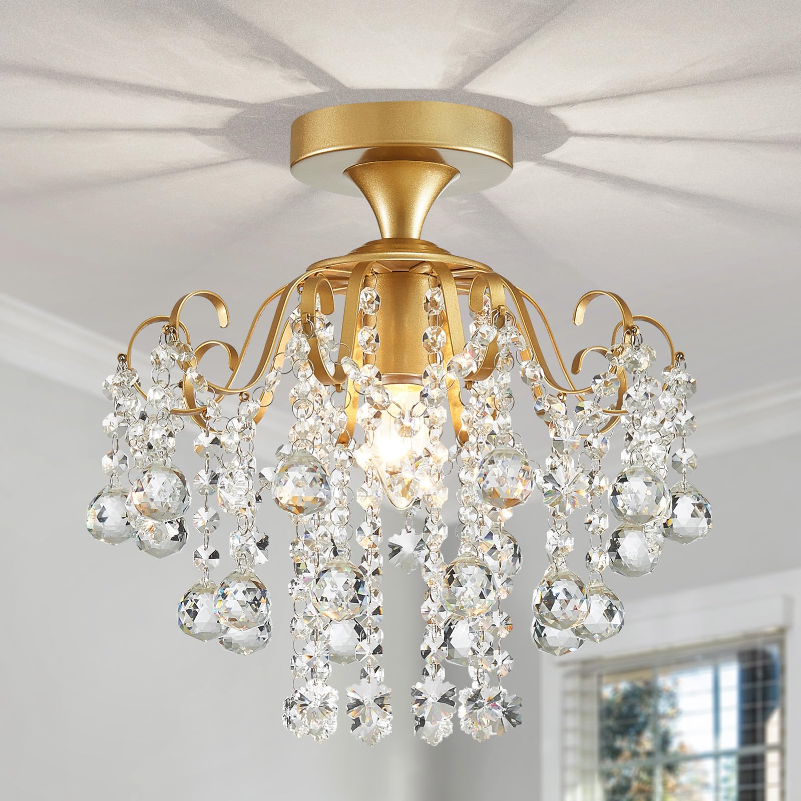 WUZUPS Crystal Chandelier Flushmount Ceiling Light Modern Lighting Fixture for Bedroom Hallway Bar Kitchen Bathroom, H 34 x W 32, E14 Base, Gold — image 1