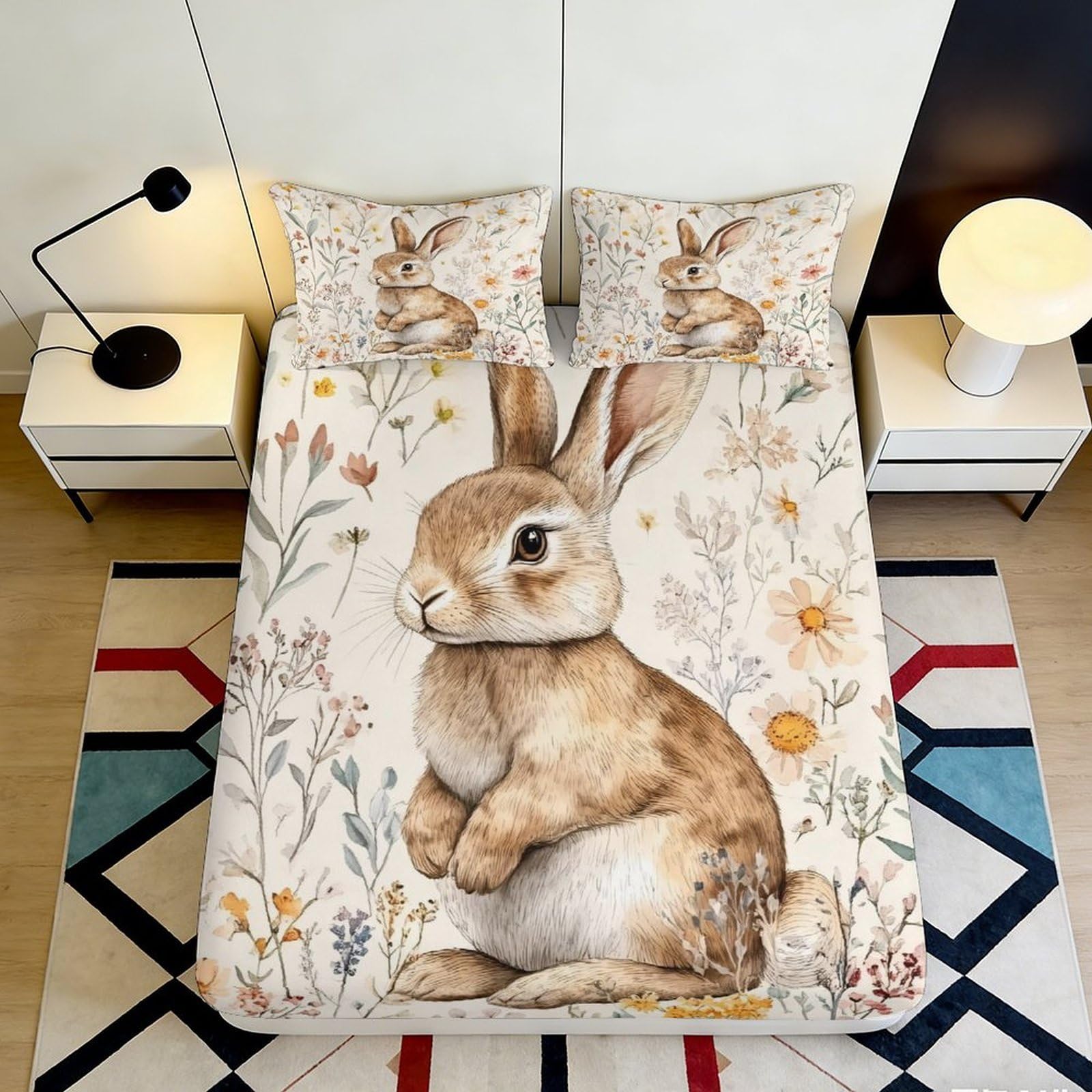 3D Printed Bunny Meadow Fitted Sheet Microfiber Non-Slip Floral Rabbit Mattress Cover for Bedroom Dorm Décor 90x200x25cm