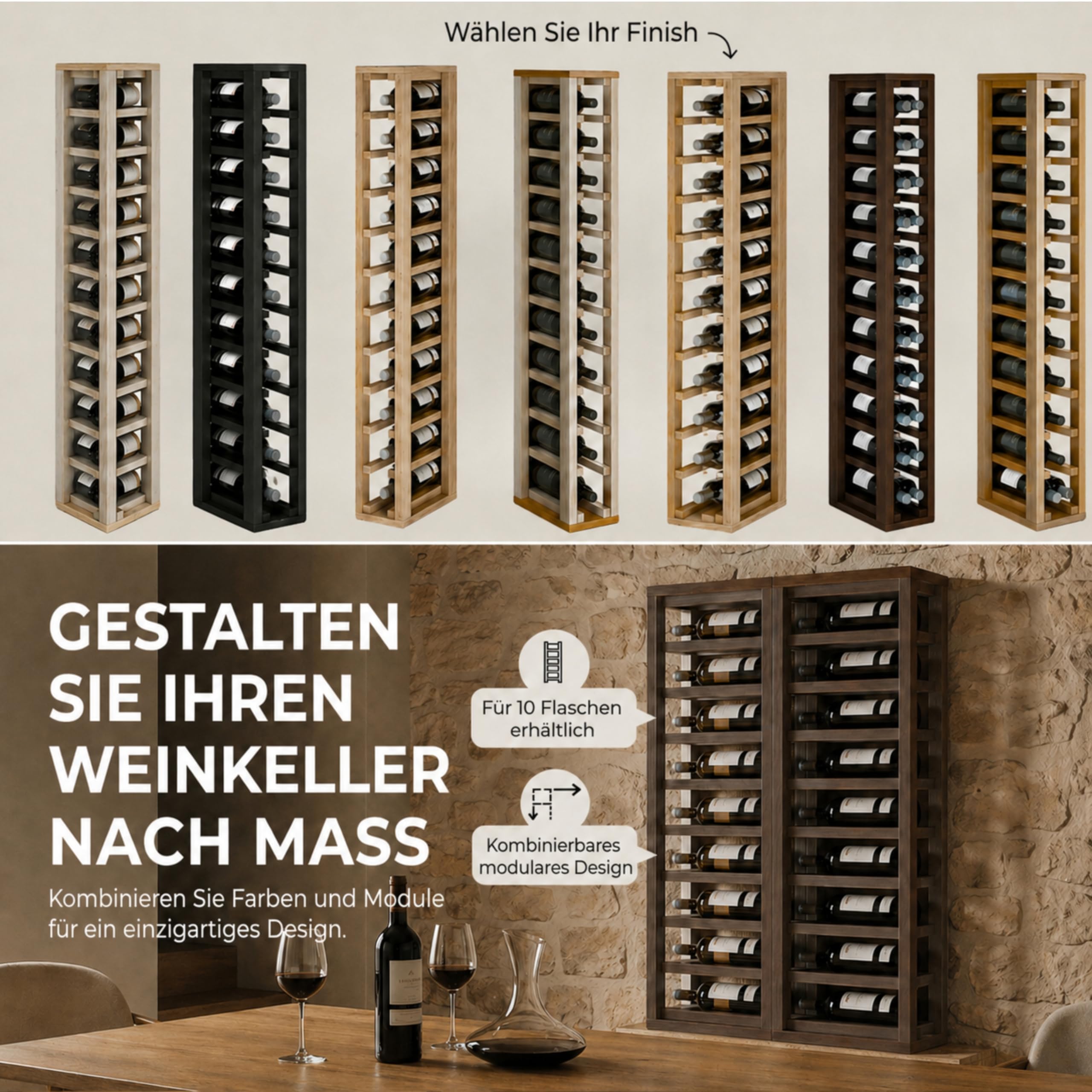 Weinregal Holz Kiefernholz 10 Flaschen - Dunkle Eiche | Weinregalmöbel, Weinregal schmal, Flaschenregal, Weinständer, Wine Rack 105x13x32 cm. Farbe Dunkle Eiche