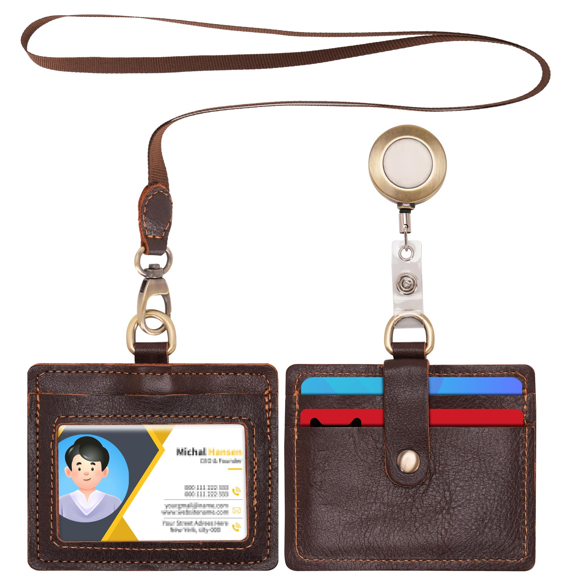 Wonderpool Leather Horizontal Badge Holder with Detachable Neck Lanyard and Retractable Badge Reel Clip