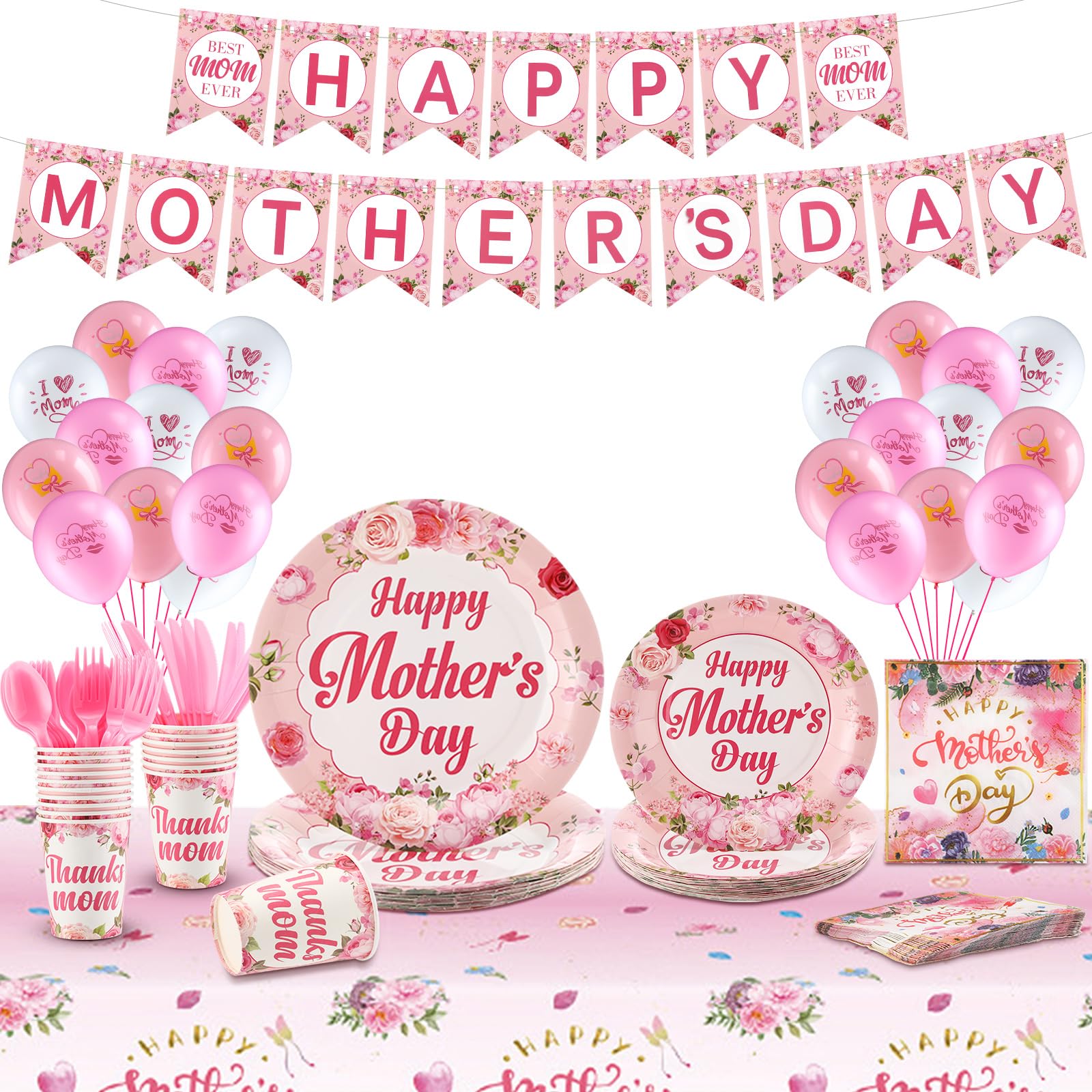 Jenaai 166 Pcs Happy Mother's Day Party Supplies Decorations Include Happy Mother's Day Banner Disposable Plates Napkins Forks Cups Knives Spoons