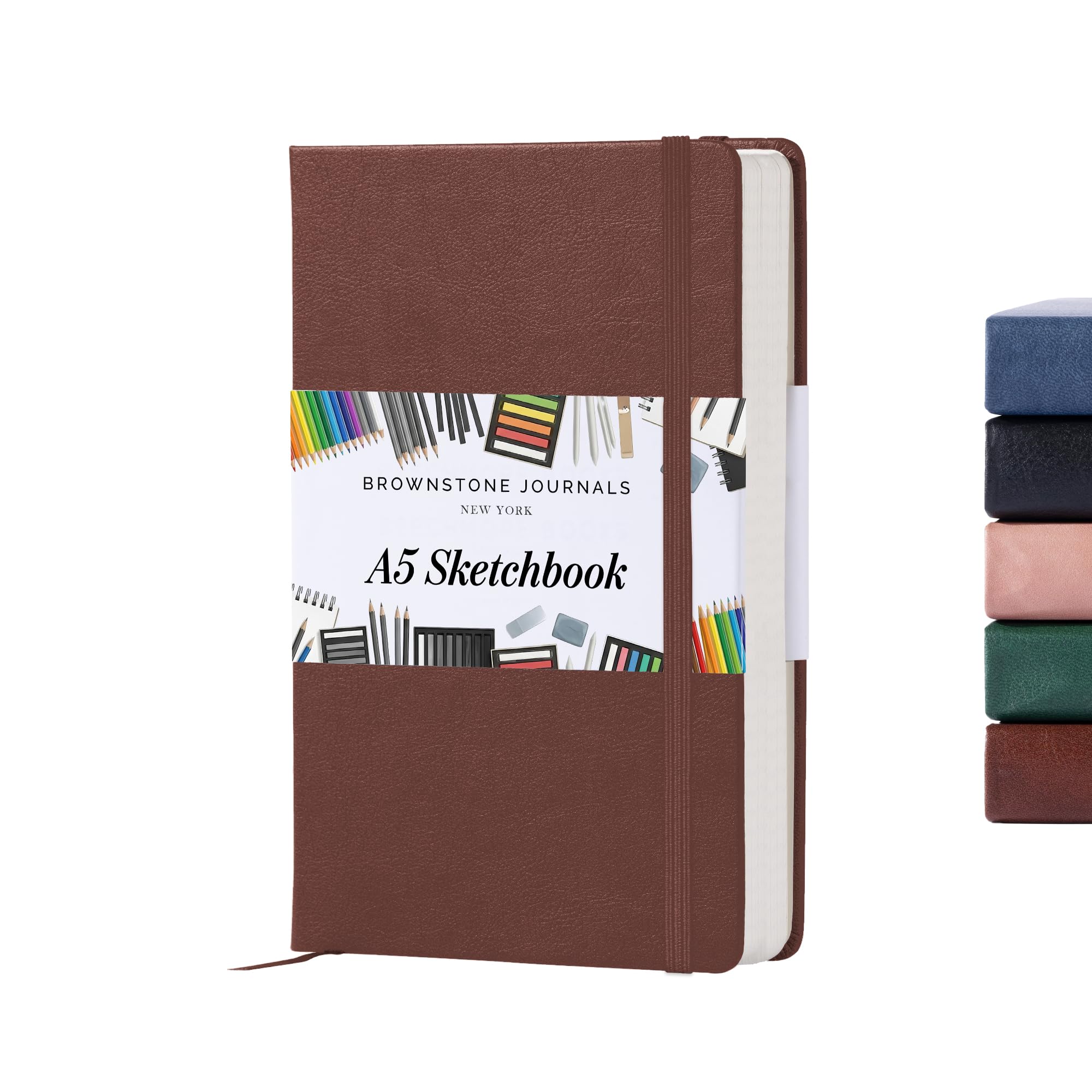 Brownstone Journals Chestnut Brown A5 Sketch Book Hardcover - 80 Sheets 100 Gsm Paper 5"X8", Lay Flat, Vegan Leather Cover, Elastic Band, Back Pocket, Art Drawing Book (Chestnut Brown)