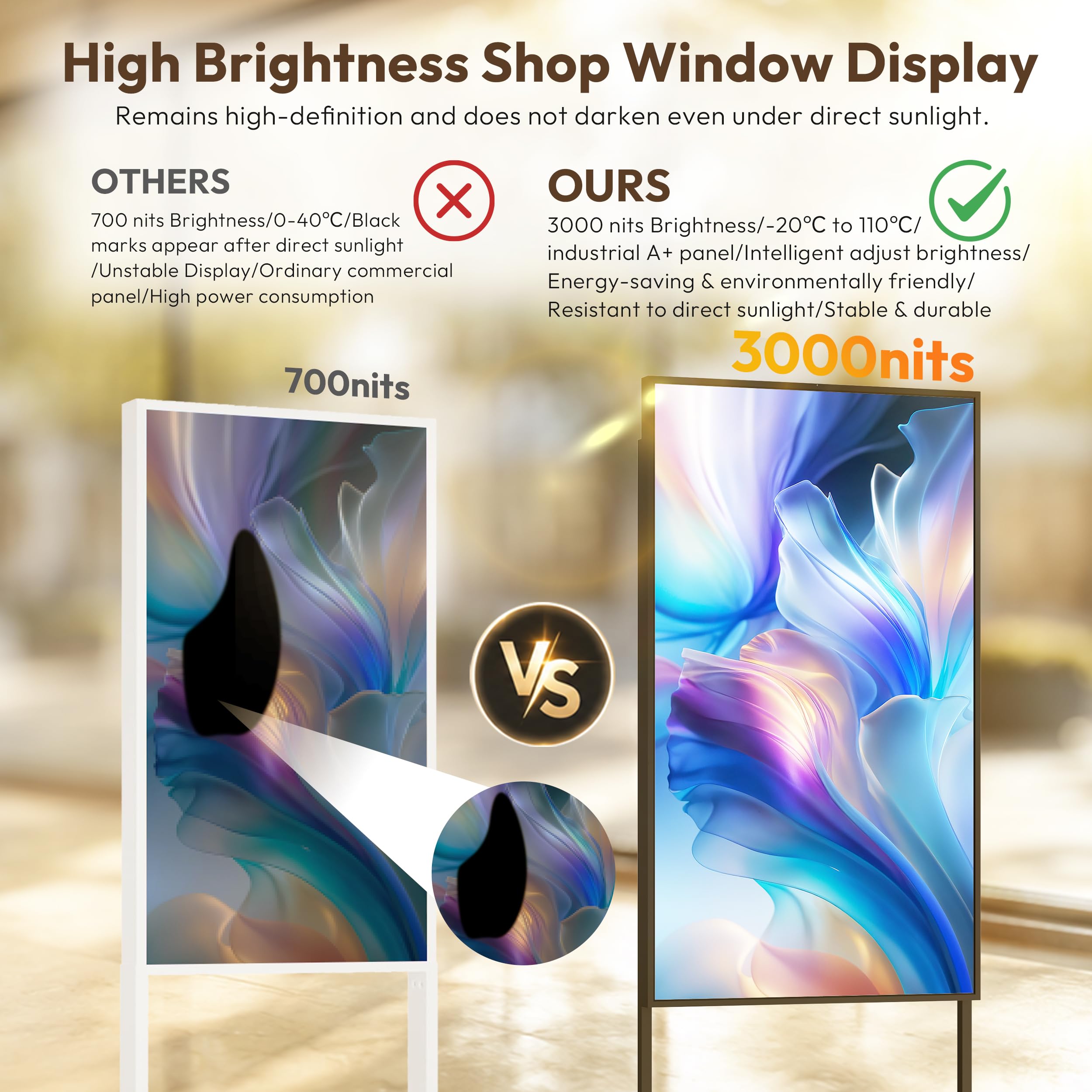 HARZHI 43'' Pantalla para Escaparate Interior, 3000 Nits de Alto Brillo, 2K Cartelería Digital para Escaparates, Control de App/Nube, Pantalla LCD Industrial para Tiendas de Lujo/Ropa, HDMI/USB/WiFi