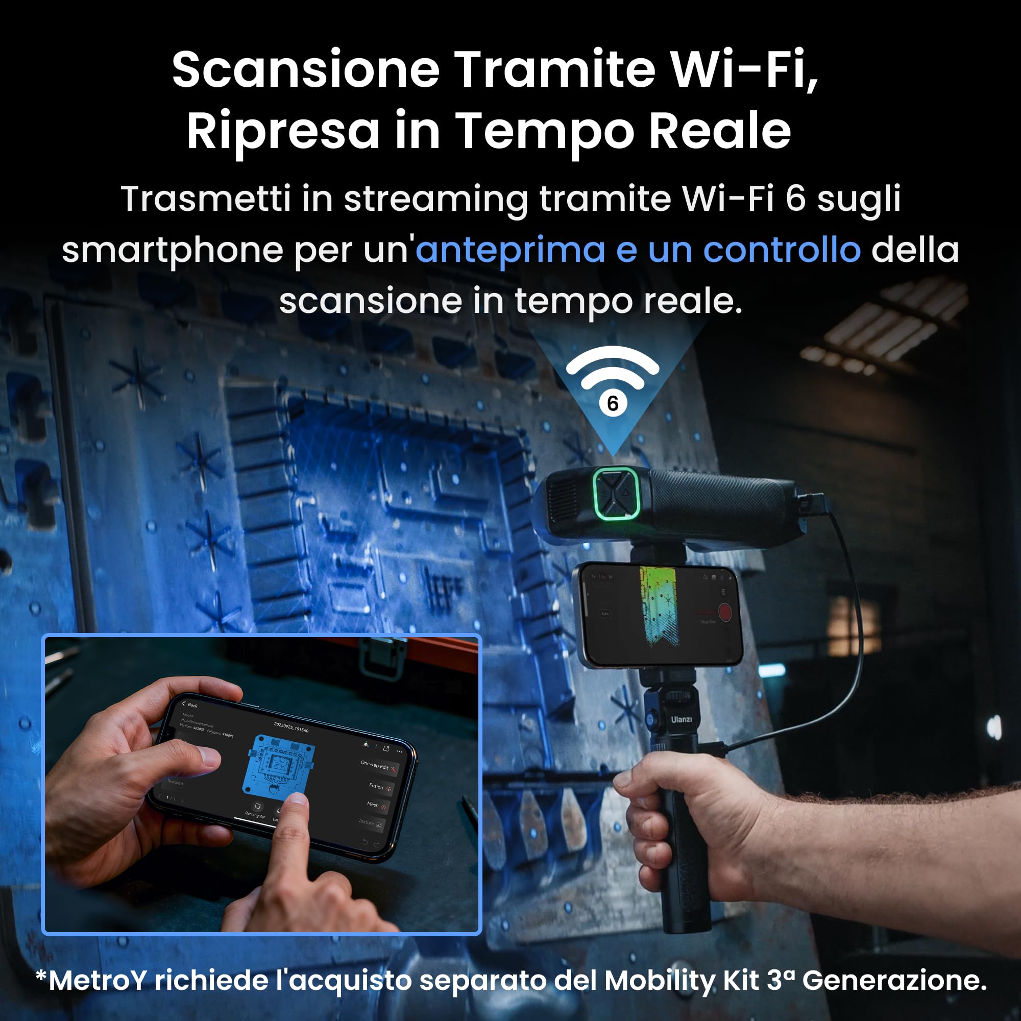 Revopoint MetroY Scanner 3D per stampa 3D, Portatile Laser Blu Industriale | Precisione da 0,01 mm, 30+15+1 Laser Blu, Condivisione Controllo in Streaming, Modelli e Misurazione 3D Industriali