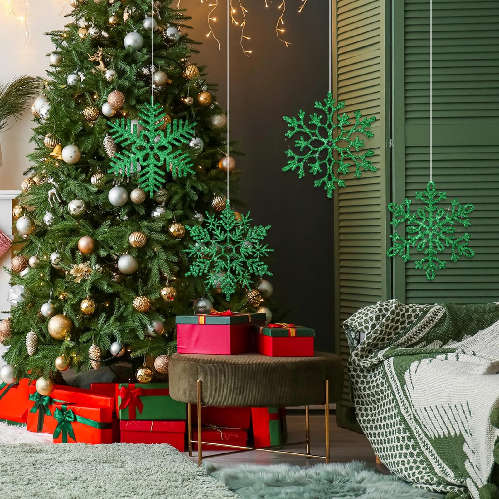 Sratte Große Schneeflocken-Ornamente, 30,5 cm, Kunststoff, Glitzer, Schneeflocken-Dekorationen, riesige Winter-Weihnachtsdekoration, übergroße Schneeflocken, Ornamente für Innen- und Außenbereich,