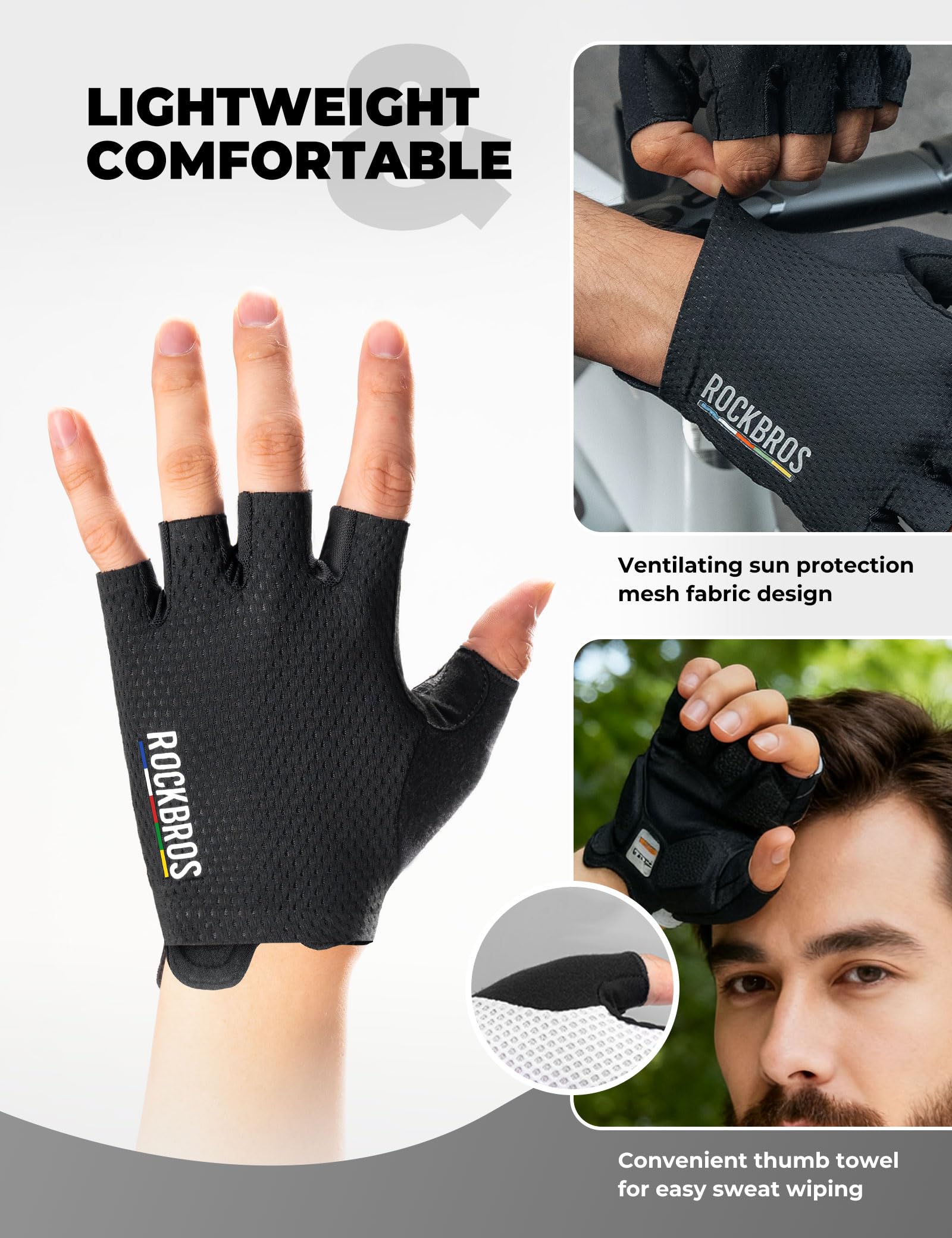 ROCKBROS Road to Sky Guantes de Ciclismo para Hombre con Palma SBR, Guantes Dedos Cortos para Bicicleta Montaña Carretera en Verano