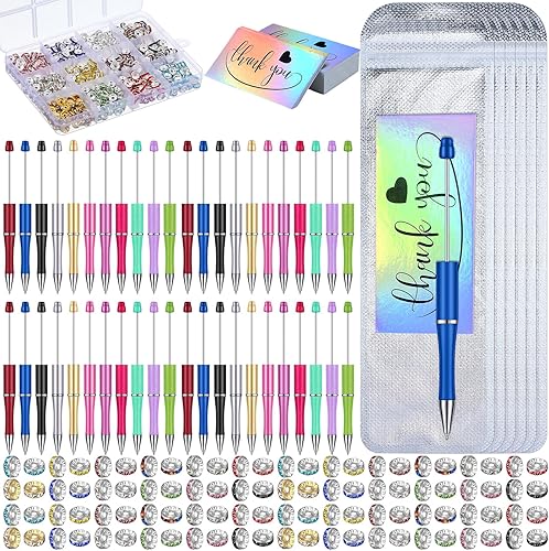 Qilery Kit de 750 bolígrafos de cuentas para bricolaje, 50 bolígrafos de plástico a granel, incluye tarjetas de agradecimiento y bolsas de embalaje