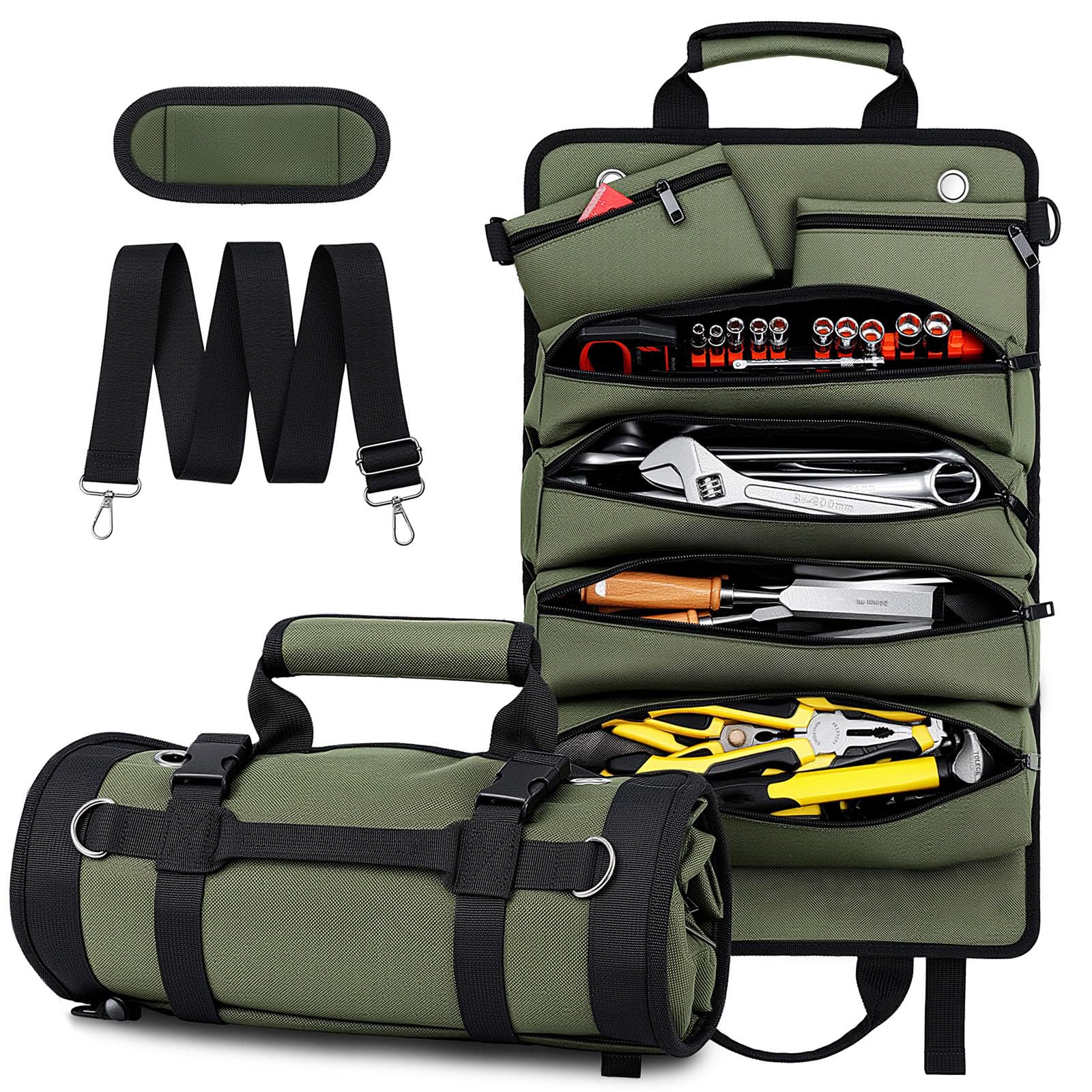 Tool Roll Up Bag, 1680D Heavy Duty Tool Bag Organizer with 2 Detachable Tool Pouches &amp; Multiple Pockets, Waterproof Motorcycle Tool Roll for Mechanic &amp; Electrician, Gift for Men Him Dad, 21.9"*13.8"