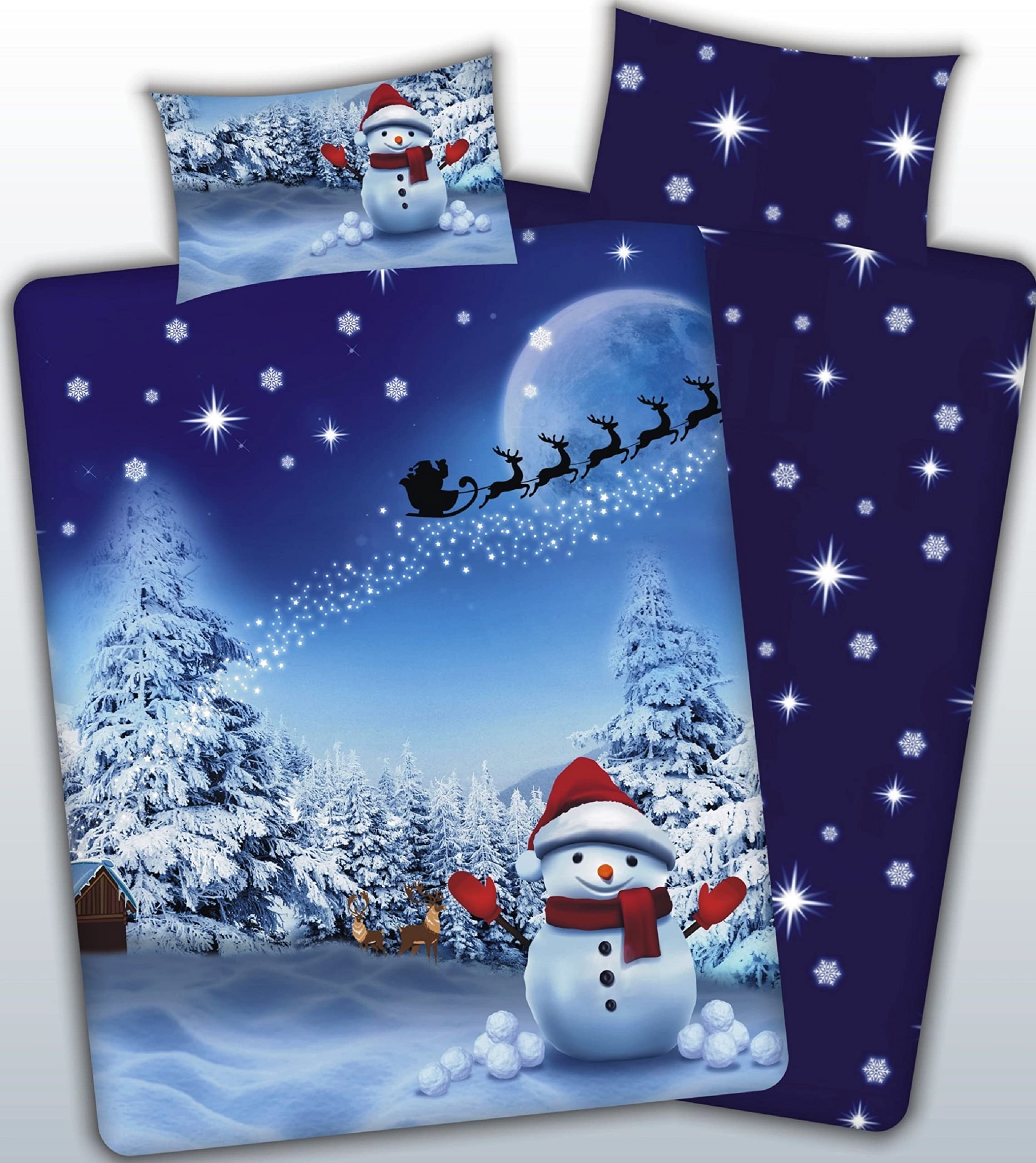 Charlotte Andersen Red, Blue, Grey, Green Snowman Christmas Double Xmas Blue Festive Duvet Cover Bedding Set With Pillowcases (Snowman, Double)