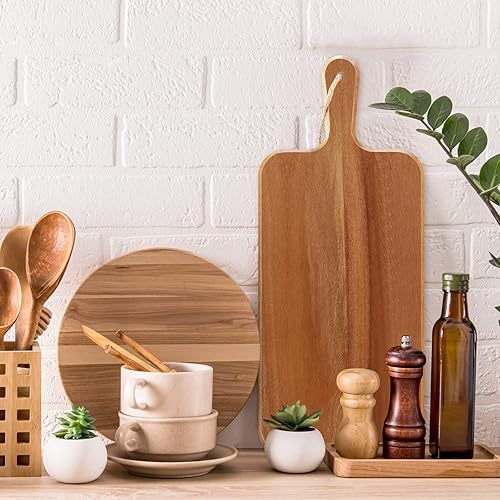 Miniatura 6 de Paquete de 6 tablas de cortar de madera de acacia con asa, tablas de cortar de madera grandes de madera para charcutería, tabla de cortar de madera