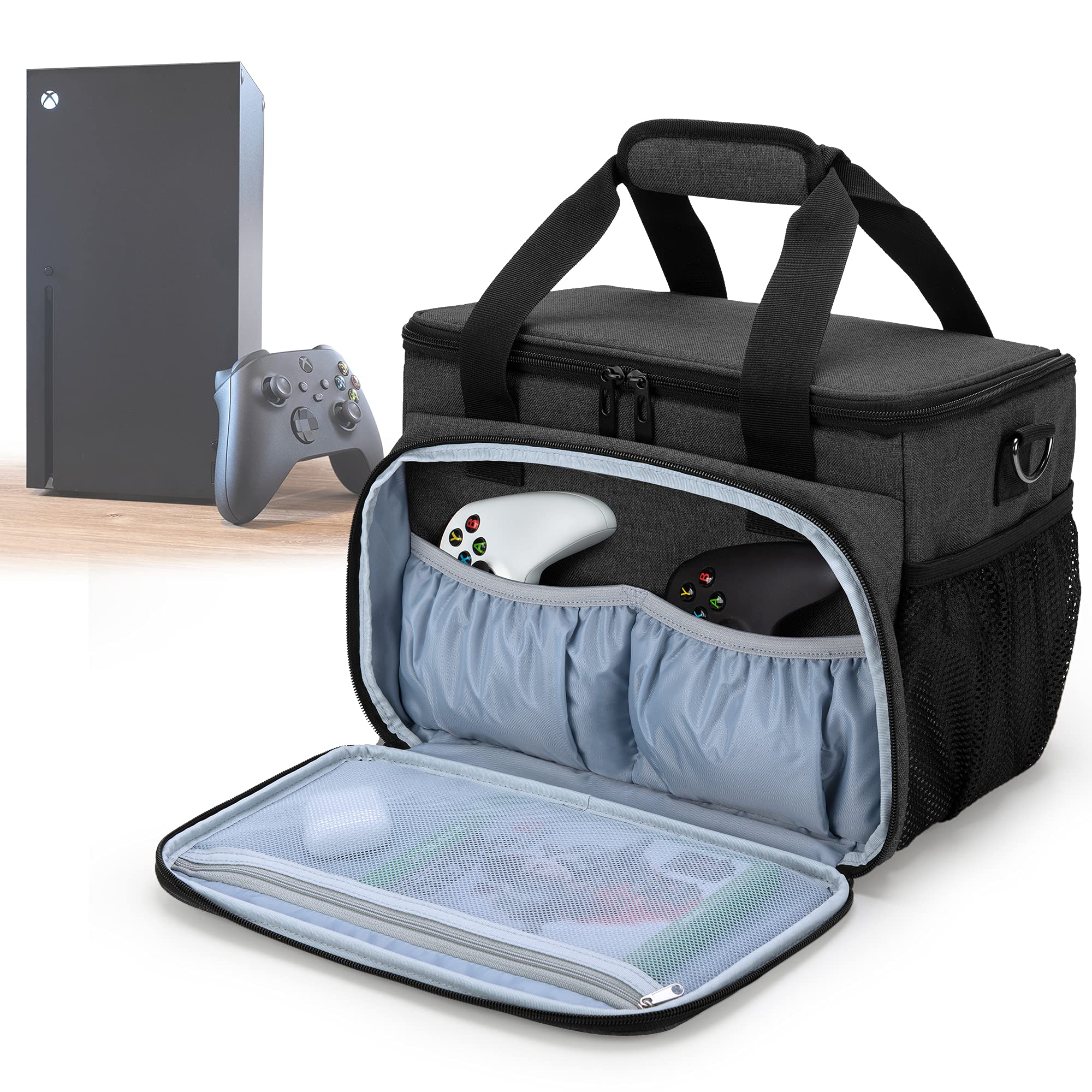 CURMIO Bolsa Xbox, Maleta Xbox, Bolsa de Transporte Compatible con Xbox Series X Consola de Juego y Accesorios, Bolsa Bandolera Adjustable para Controladores, Cables, Auriculares,Negro,Sólo Bolsa