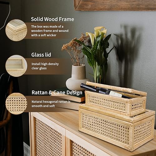 Miniatura 3 de Caja decorativa de ratán con tapas de vidrio, juego de 2 cajas decorativas rectangulares para decoración del hogar, funda tejida de ratán para