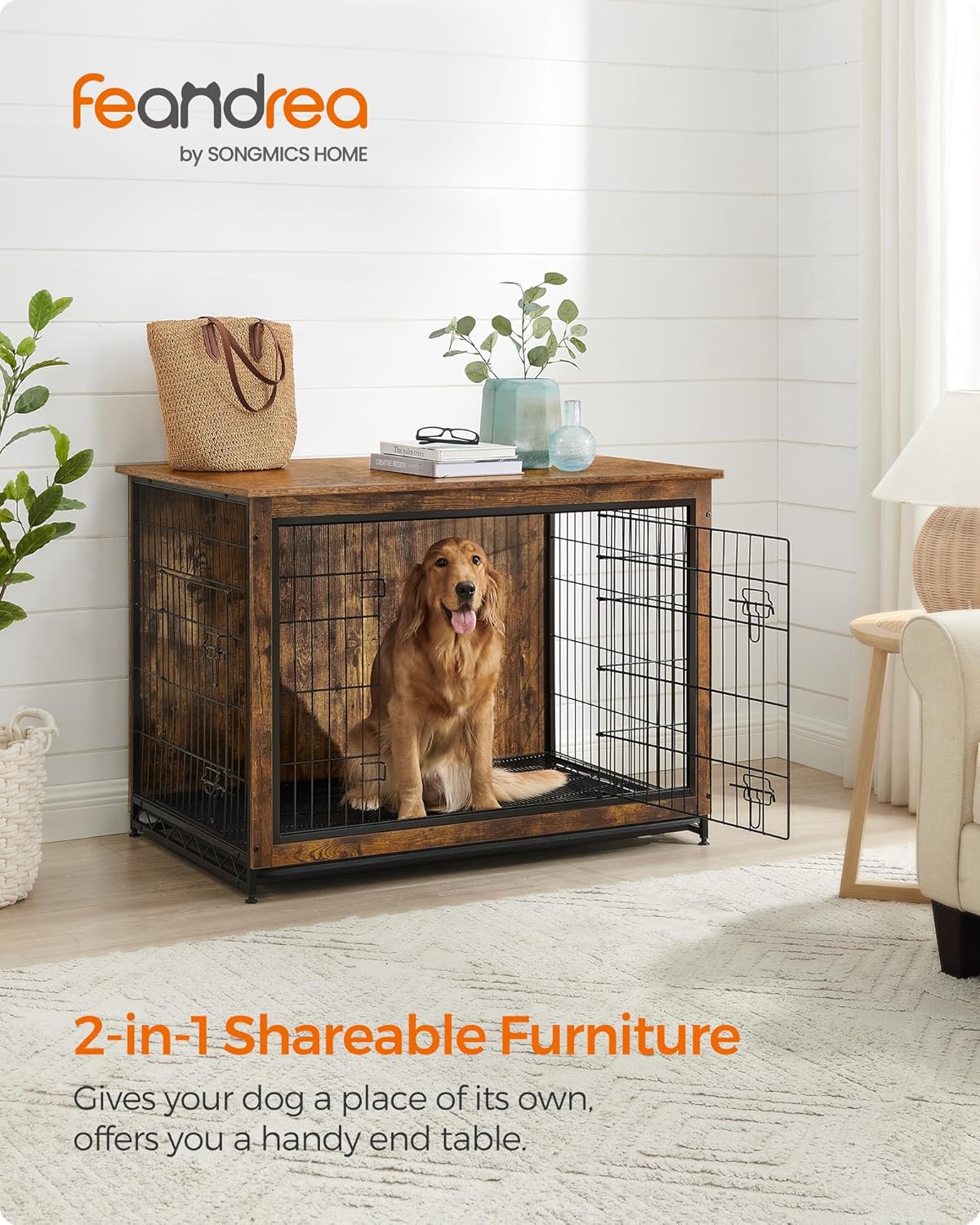 Feandrea 44.1" Dog Crate Furniture, Indoor Dog Cage Side End Table, XL Pet Wood Kennel for Large and Medium Dogs up to 80 lb with Multi-Purpose Removable Tray, Double-Door Pet House, Rustic Brown