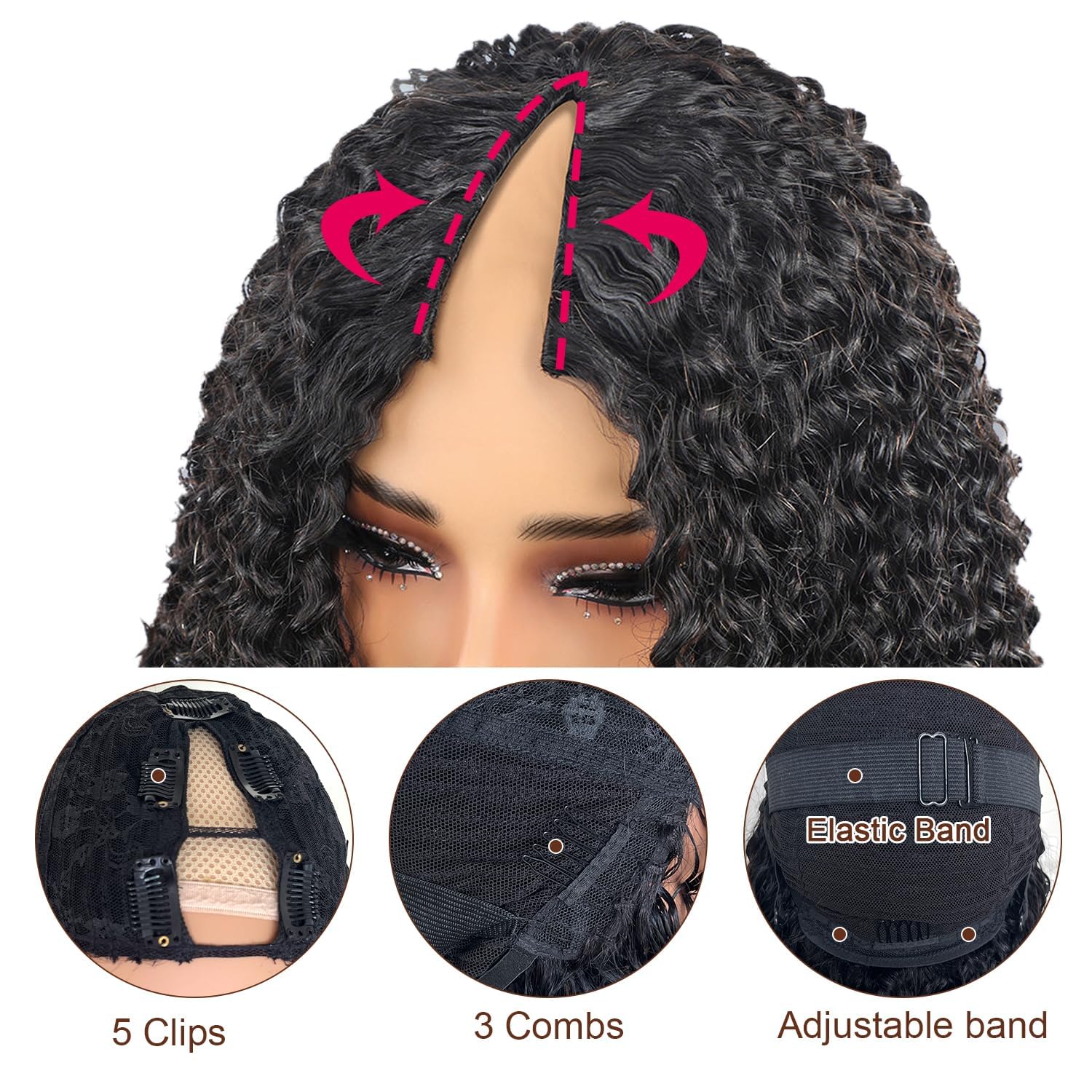 V Part Wig Human Hair 180 Density Kinky Curly U Part Human Hair Wigs for Black Women No Leave Out Glueless Wig Natural Color 22 inch