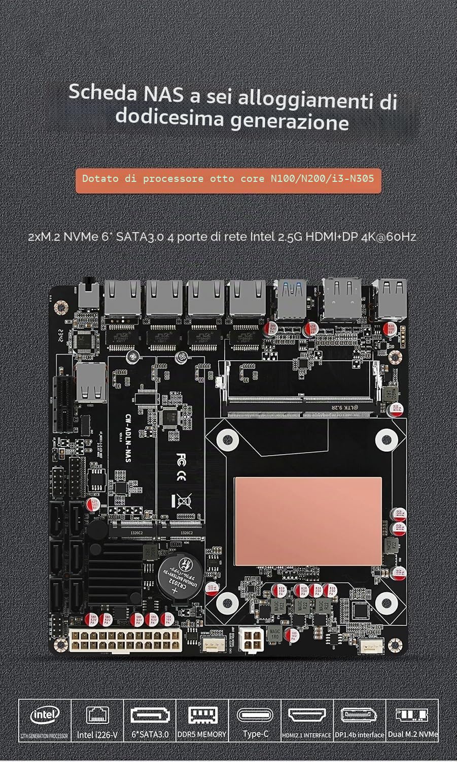 N150 Scheda madre industriale NAS 4 core 4 thread Processore a bassa potenza 4x2.5G i226 Slot M.2 di rete 6xSATA DP HDMI 2.0 PCIE ×1 DDR5 Type-C