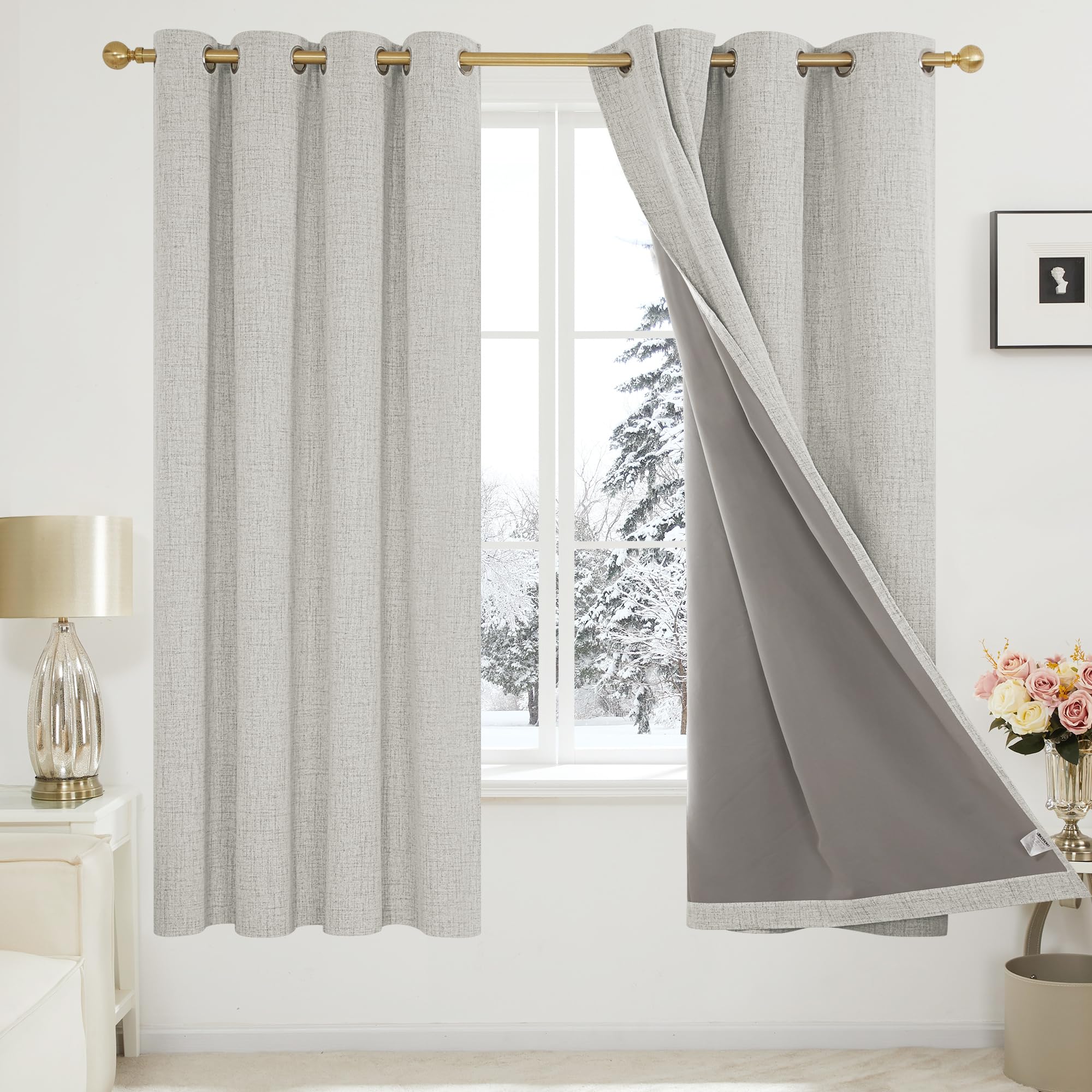 Deconovo Full Blackout Curtains Thermal Insulated Faux Linen Eyelet Curtains for Living room Bedroom with Coating Pale Khaki W66 x L72 One Pair