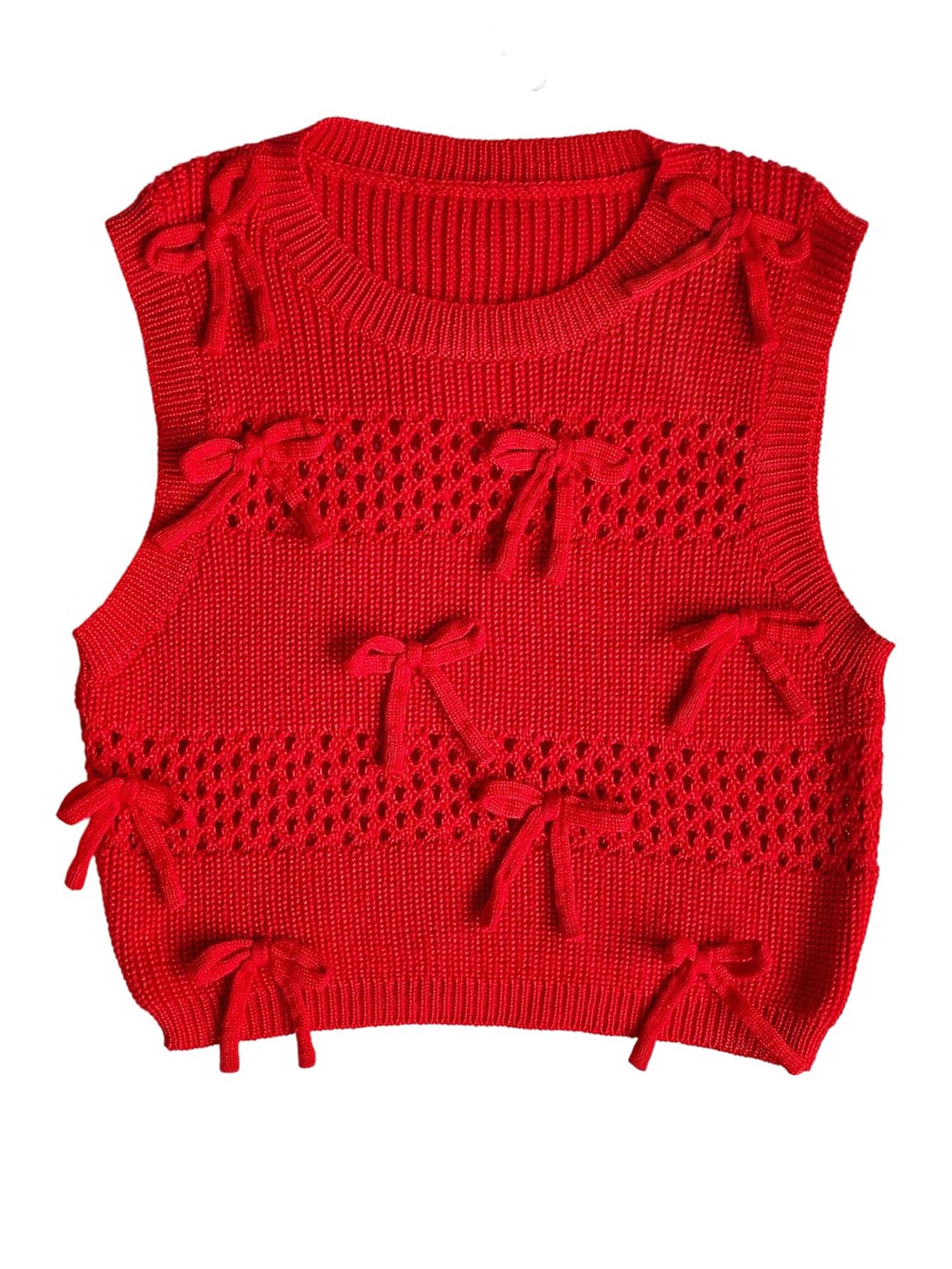 WDIRARA Womens Bow Sweater Vest Crochet Crew Neck Sleeveless Crop Knit Tank Tops