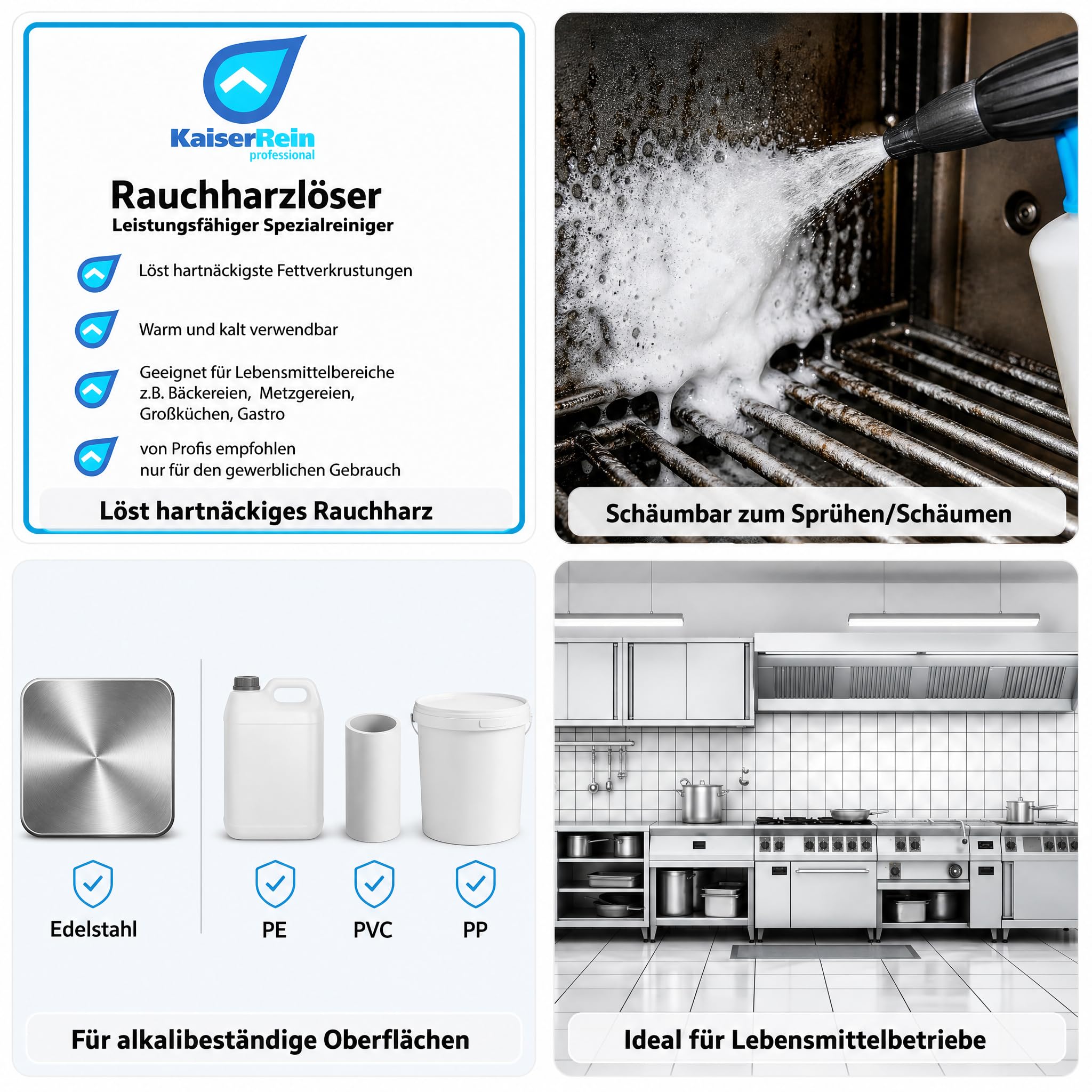 KaiserRein Grillreiniger Profi Rauchharzentferner, Backofenreiniger extra stark, 10-l-Kanister, schäumbar, warm/kalt, für Rauchkammern, Grills, Öfen, Konvektomaten, stark alkalischer Gastro-Reiniger