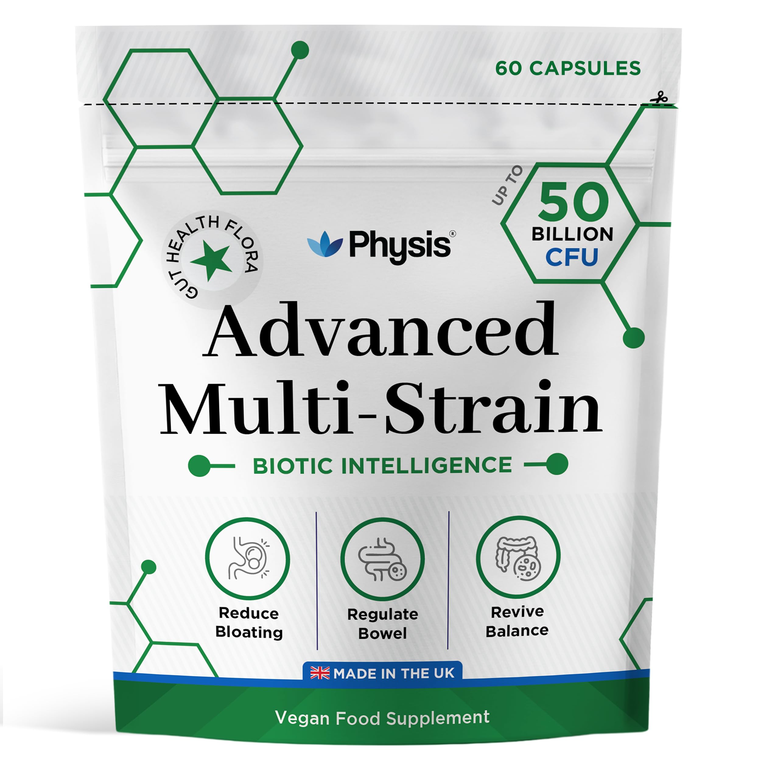 Physis 50 Billion CFU Probiotics for Gut Health | Digestion | Bloated Stomach Relief | 60 Capsules (up to 2 Month Supply) | Complete Gut Repair | Probiotics for Men & Women | Made in The UK