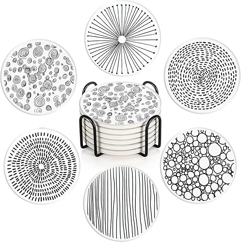 Juego de 6 posavasos para bebidas, diseño geométrico de mármol blanco y negro, tapete redondo absorbente de piedra de cerámica, con base de corcho y