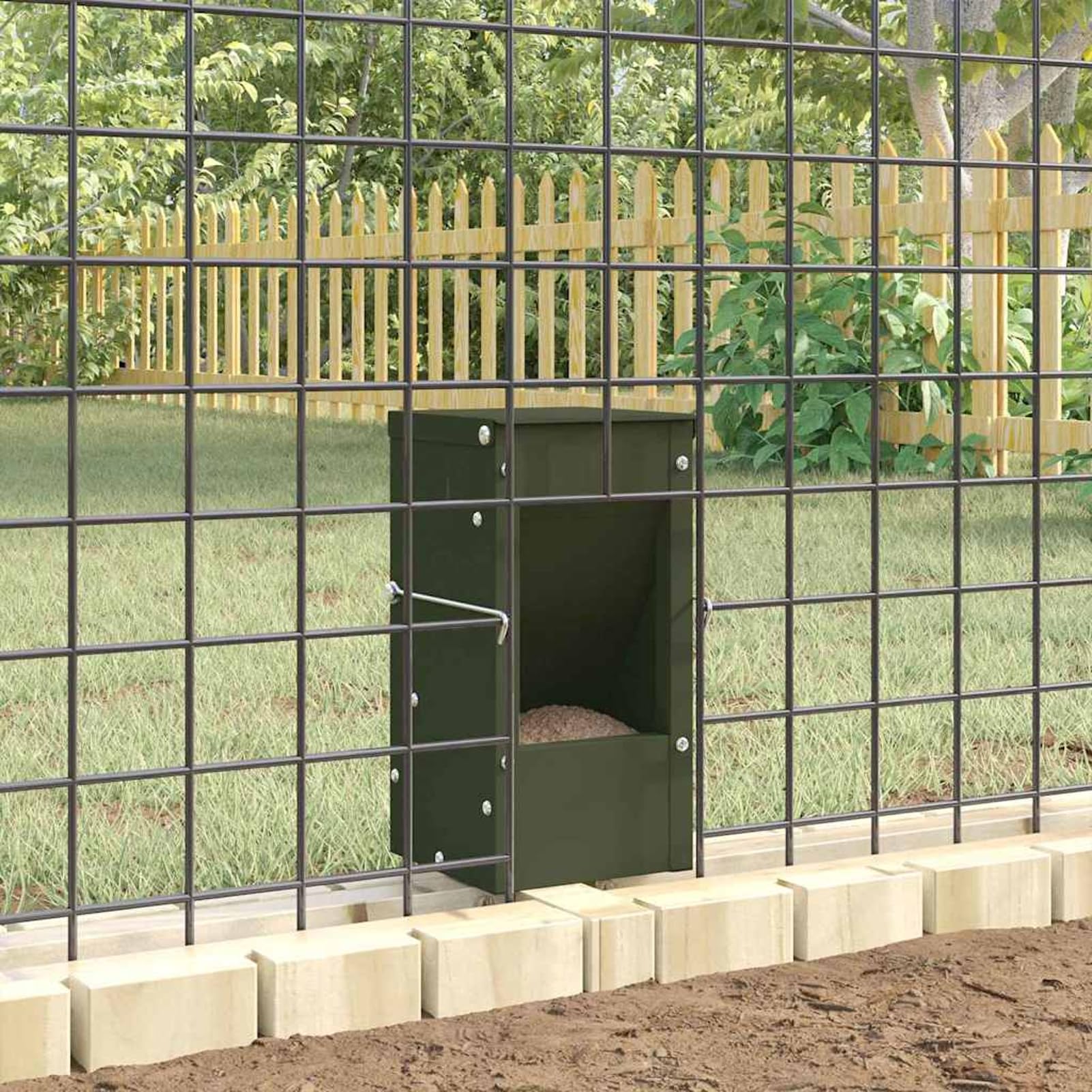 Mangiatoia per Conigli in Acciaio, Verde Oliva, 1.5kg, con Ganci, Resistente alle Intemperie, per Interno/Esterno, Design con Fori di Drenaggio
