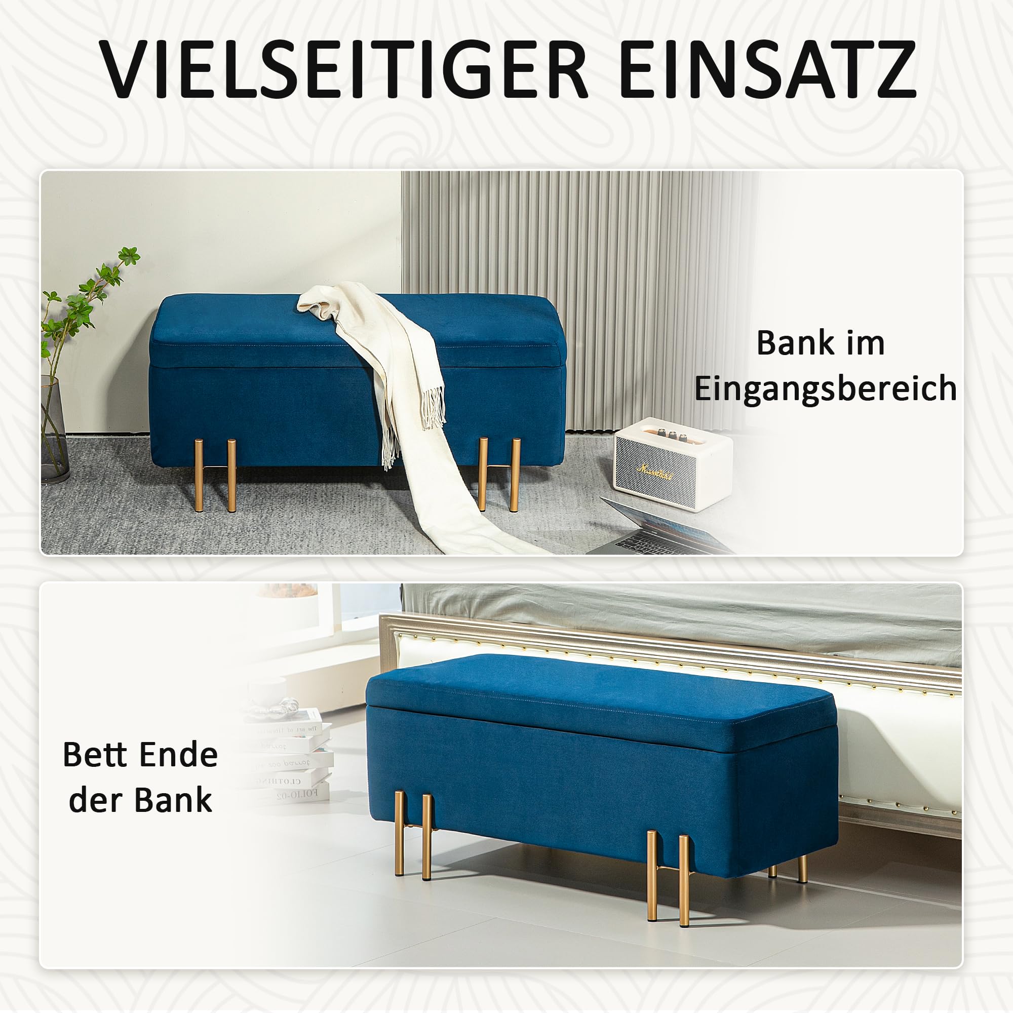 HOMCOM Sitzbank mit Stauraum Polsterbank mit Samtoptik, Sitztruhe mit Metallbeine, Truhenbank für Wohnzimmer Schlafzimmer Flur 100 x 40 x 42 cm, Blau