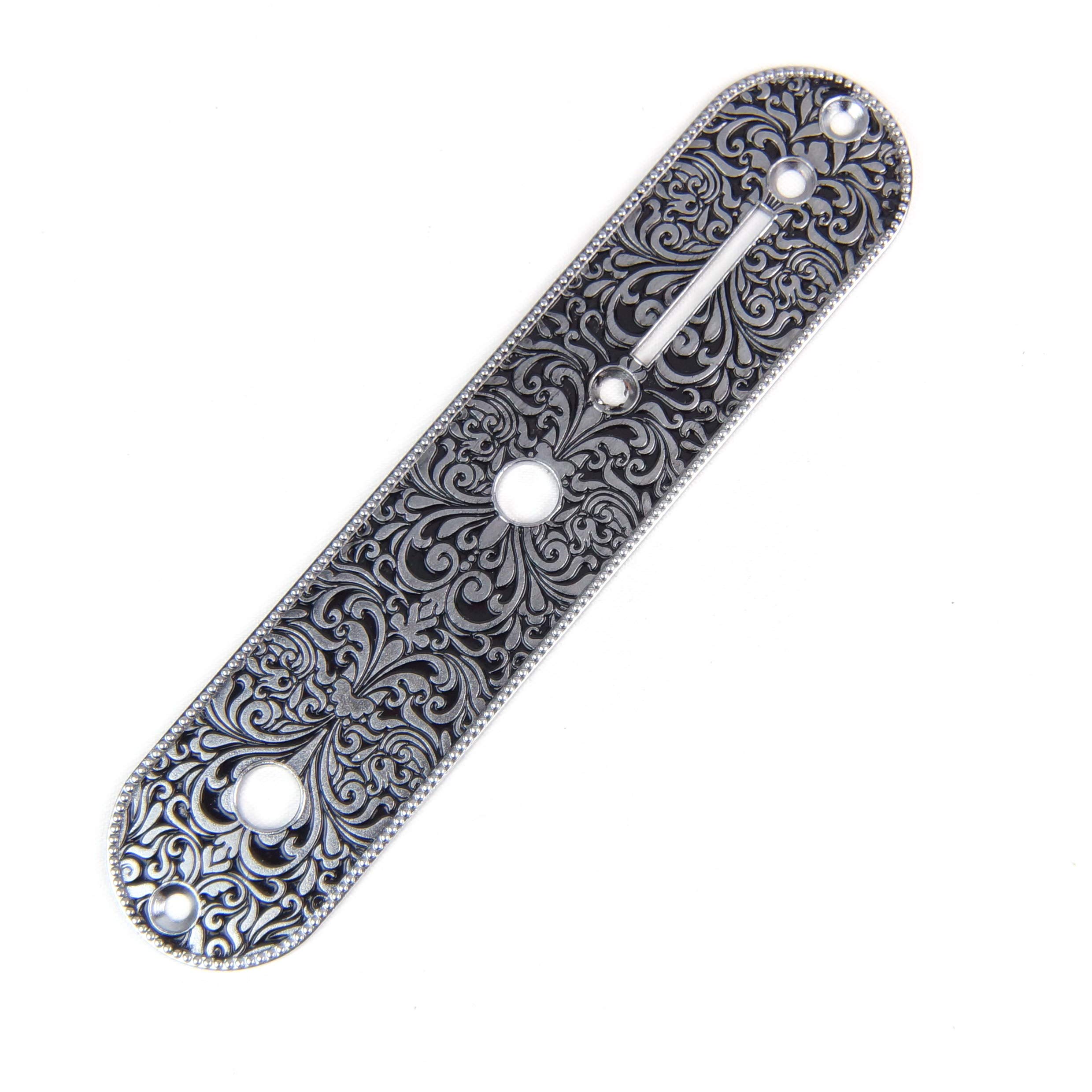 Replacment Metal Guitar Control Plate For Tele, Engraved Scrolls Silver