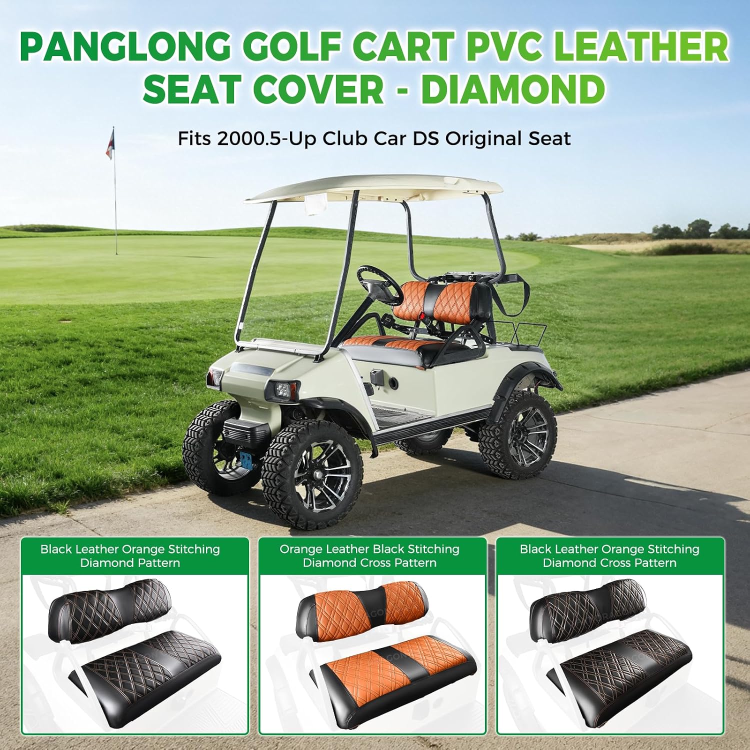 Panglong Club Car DS Front Seat Covers, DS Golf Cart Seat Covers PVC Leather Material, UV Resistant and Waterproof, Fit 2000.5-Up Club Car DS OEM Front Seat Cushion-Diamond or Diamond Cross